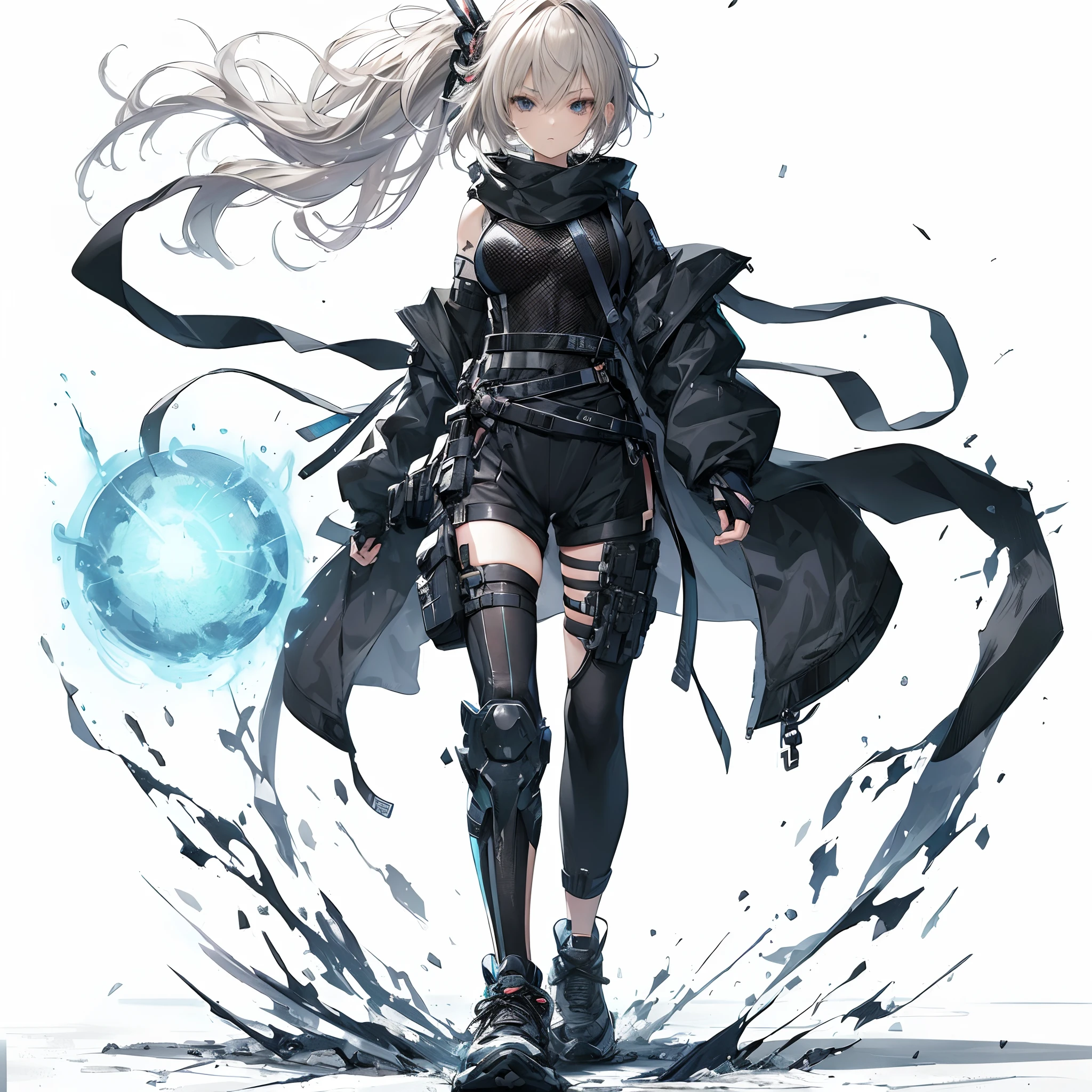(masutepiece, Best Quality), (Perfect athlete body:1.2), (detailed hairs), Ultra-detailed, Anime style, Full body, Cyberpunk Ninja Girl, Japan Hairstyles, Dressed in a black ninja costume、, High-tech sneakers, Gray blonde hair, standing still, A blue fireball is floating, 8K High Resolution, trend artstation, White background, Standing in the wasteland, Whole body,