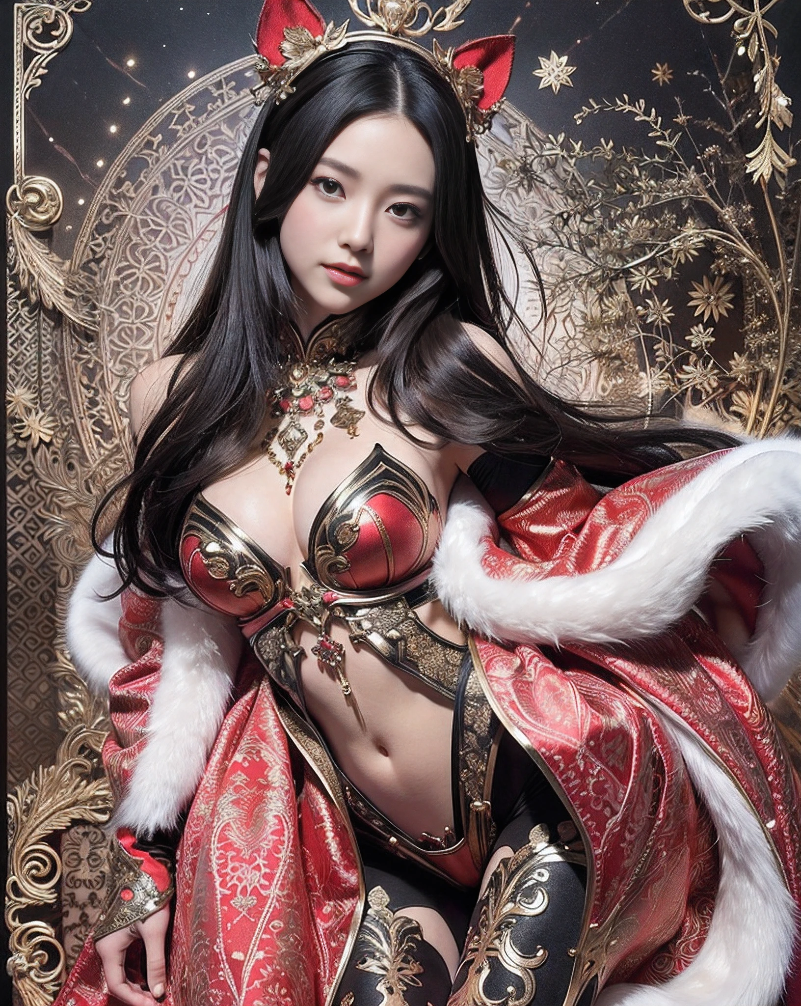 masutepiece、top-quality、((20 years girl、独奏、Cute detailed girl))、Smile、Black Shorthair、Highly detailed eyes and face、Beautiful detailed eyes、radiant eyes、with round face、Well-formed and cute face:1.1、dye one's cheeks red、small head、hight resolution、A highly detailed、sexy  pose、Illustration、super detailing、masutepiece、Fur coat、Glowing red and gold armor、Fantastic patterns、Light Black Tights、(large full breasts:1.2、A slender)、Photograph the whole body、snowscape、in woods、Blur the background、tre anatomically correct