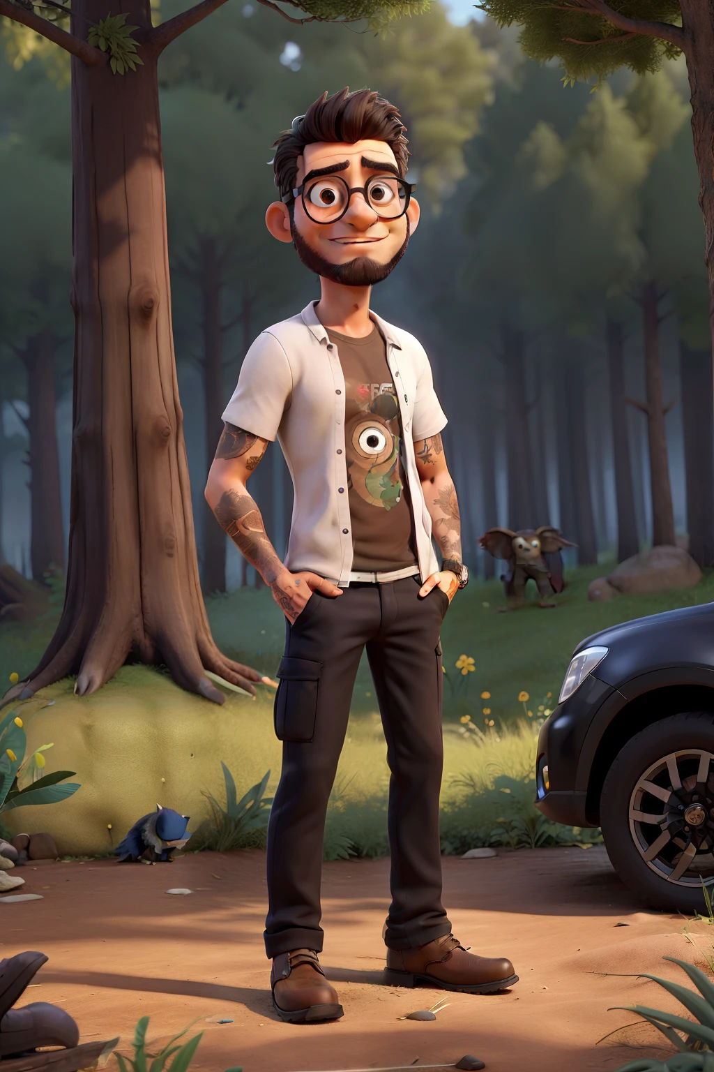 homem loiro acobreado de cabelo crespo armado, rosto arredondado, olhos azuis, black glasses, camiseta preta, Twill pants and brown boots, One of the arms with wolf and owl tattoo, Forest scenery with a black 4x4 car.