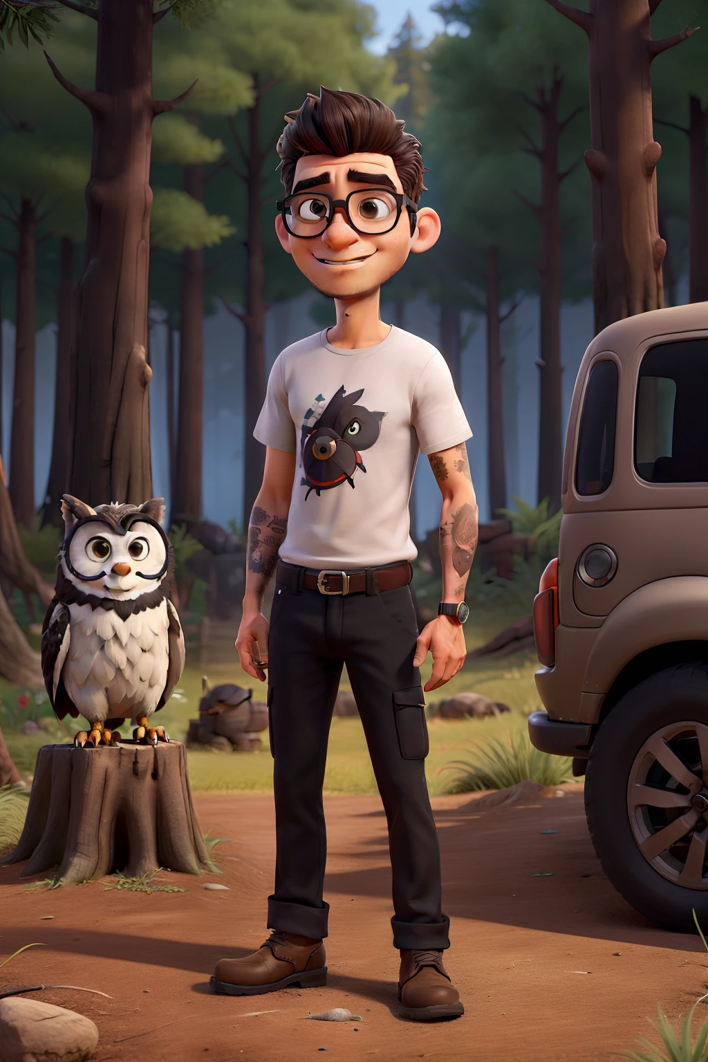homem loiro acobreado de cabelo crespo armado, rosto arredondado, olhos azuis, black glasses, camiseta preta, Twill pants and brown boots, One of the arms with wolf and owl tattoo, Forest scenery with a black 4x4 car.