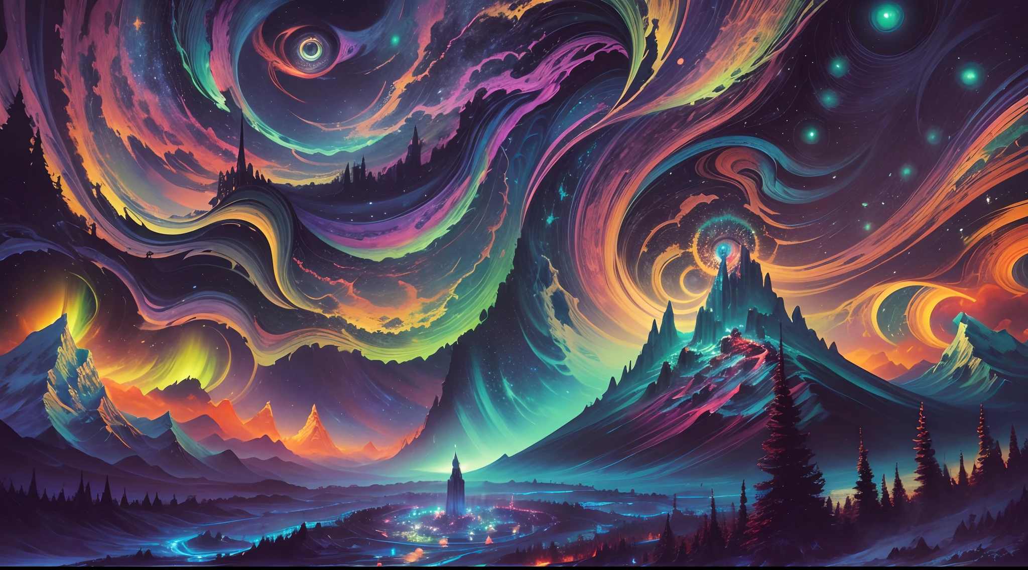 trippy art,(Northern Lights),Starry sky,illustration,glowing colors,vibrant hues,Ethereal atmosphere,Detailed background,dreamlike scenes,subtly lit,Dark shadows,((Devil's Eye)),Magical elements,mystical aura,A ray of light,Spiritual presence,Dynamic composition,(Puzzling visuals),Fantastical imagery,enchanting atmosphere,otherworldly glow,transcendent experience,Fascinating pattern,eye - catching detail,Mysterious symbolism,(hauntingly beautiful),intense energy,Cosmic perspective,style of surrealism,depth and dimensionality,Divine inspiration.(Best quality,4K,8K,A high resolution,Masterpiece:1.2),Ultra-detailed,Realistic,Photorealistic:1.37,