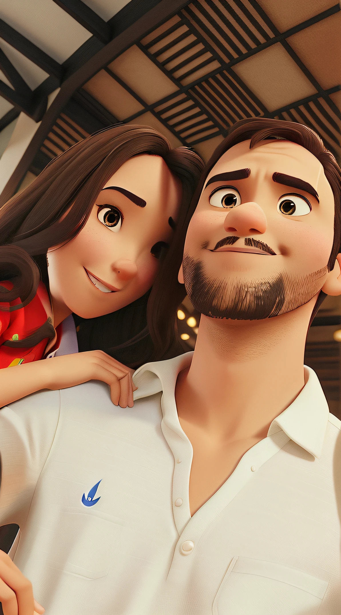 um casal estilo pixar, com alta qualidade e melhor qualidade, Both are brunettes