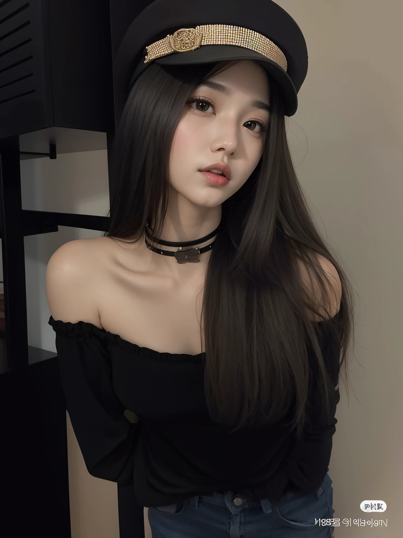 Araffe woman with long hair wearing a hat and a choke, cruel korean goth girl, menina coreana, Asian girl with long hair, Asian girl, Ulzzang, linda mulher coreana jovem, Menina chinesa, 18 anos, Mulher sul-coreana bonita, Beautiful Asian girl, wearing a chocker and cute hat, 2 Modelo feminina de 4 anos