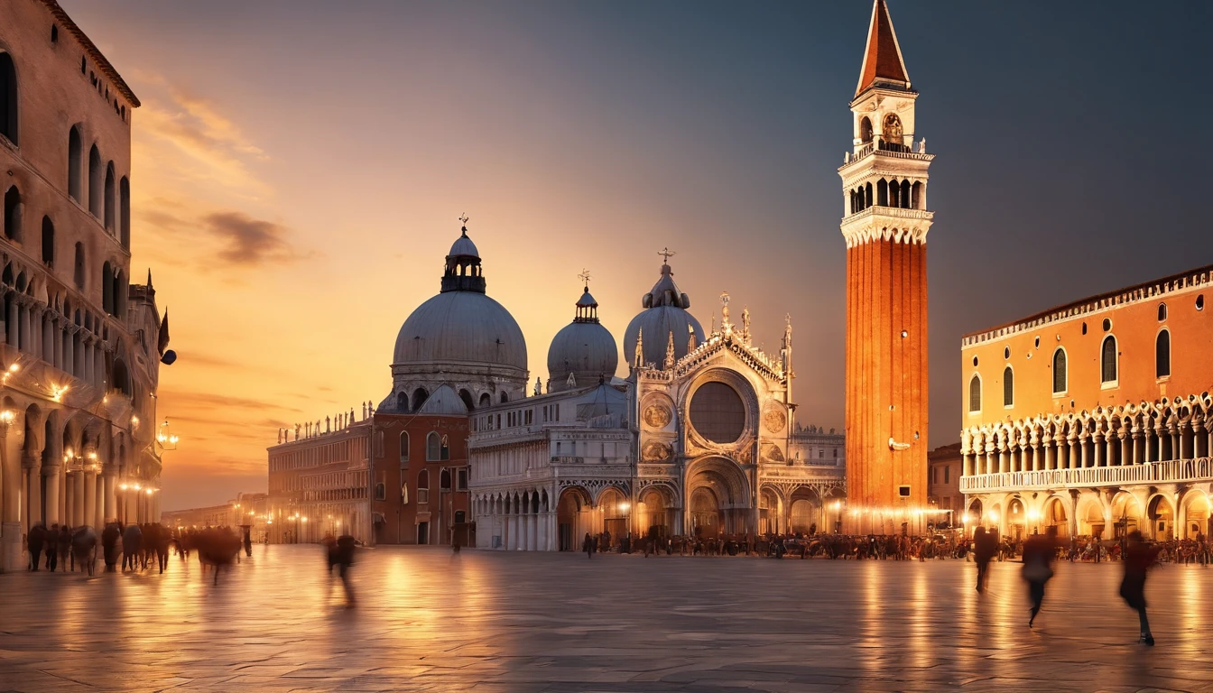 (best quality,4k,8k,highres,masterpiece:1.2),ultra-detailed,(realistic,photorealistic,photo-realistic:1.37),Piazza San Marco in Venezia,beautiful detailed buildings,exquisite architecture,grand canal,romantic gondolas,sparkling water,ornate statues,historical landmarks,quaint cobblestone streets,vibrant atmosphere,outdoor cafes,serene pigeons flying,impressive bell tower,elaborate frescoes,local musicians playing traditional music,elegant Venetian masks,colored glassware craftsmanship,luxurious gilded decorations,brightly colored carnival costumes,golden light illuminating the square,soft evening sunlight casting warm shadows,dreamy sunset reflecting on the water,subtle ripples creating a mesmerizing effect,tranquil and picturesque scene,classic Italian charm,authentic Venetian experience,artistic portrayal of the enchanting Piazza San Marco.