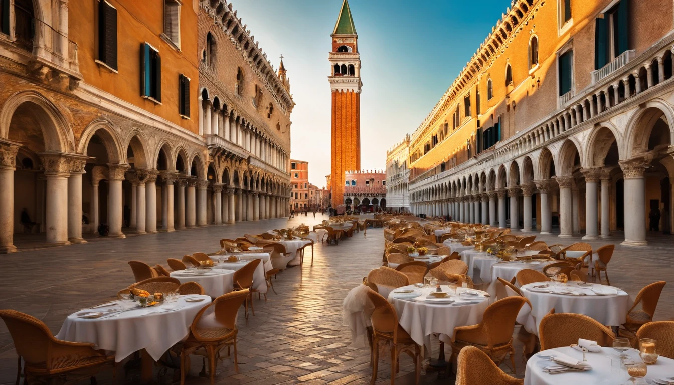 (best quality,4k,8k,highres,masterpiece:1.2),ultra-detailed,(realistic,photorealistic,photo-realistic:1.37),Piazza San Marco in Venezia,beautiful detailed buildings,exquisite architecture,grand canal,romantic gondolas,sparkling water,ornate statues,historical landmarks,quaint cobblestone streets,vibrant atmosphere,outdoor cafes,serene pigeons flying,impressive bell tower,elaborate frescoes,local musicians playing traditional music,elegant Venetian masks,colored glassware craftsmanship,luxurious gilded decorations,brightly colored carnival costumes,golden light illuminating the square,soft evening sunlight casting warm shadows,dreamy sunset reflecting on the water,subtle ripples creating a mesmerizing effect,tranquil and picturesque scene,classic Italian charm,authentic Venetian experience,artistic portrayal of the enchanting Piazza San Marco.