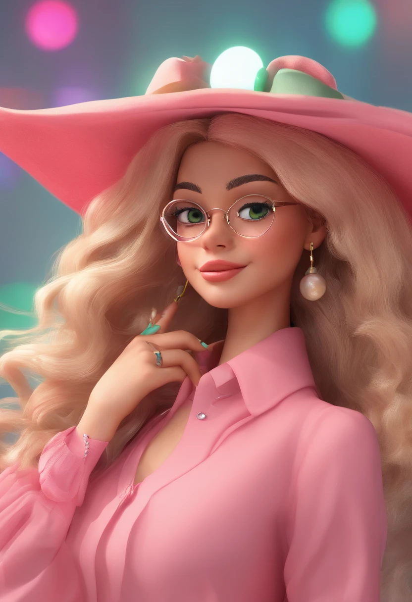 Create a Disney Pixar-style character of a stunning 30-year-old woman with straight, louro, cabelos finos e longos, tom de pele branco, olhos negros, Square-shaped prescription glasses, thin lips, sorridente, Wearing a pink blouse and green pants.