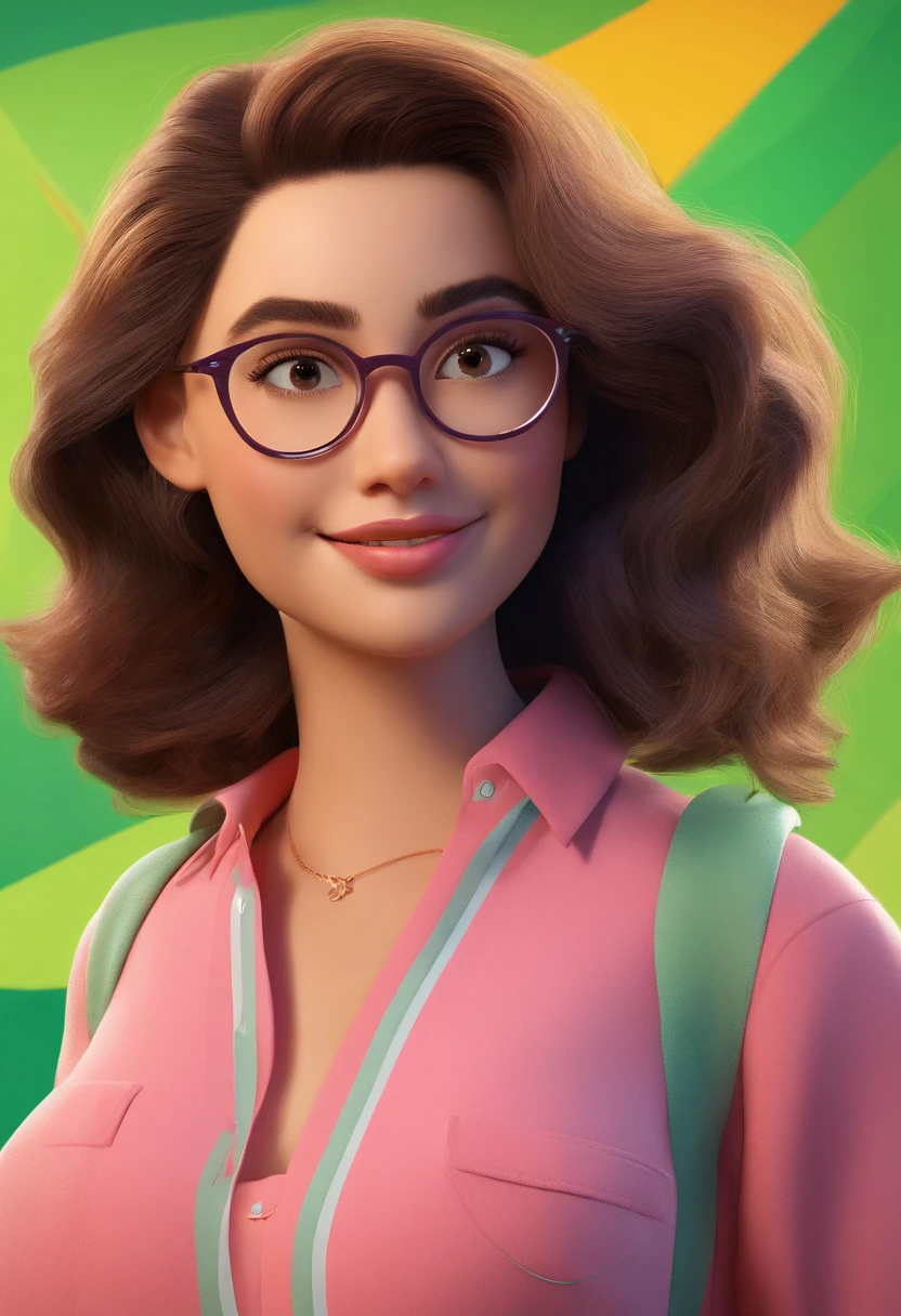 Create a Disney Pixar-style character of a stunning 30-year-old woman with straight, louro, cabelos finos e longos, tom de pele branco, olhos negros, Square-shaped prescription glasses, thin lips, sorridente, Wearing a pink blouse and green pants.
