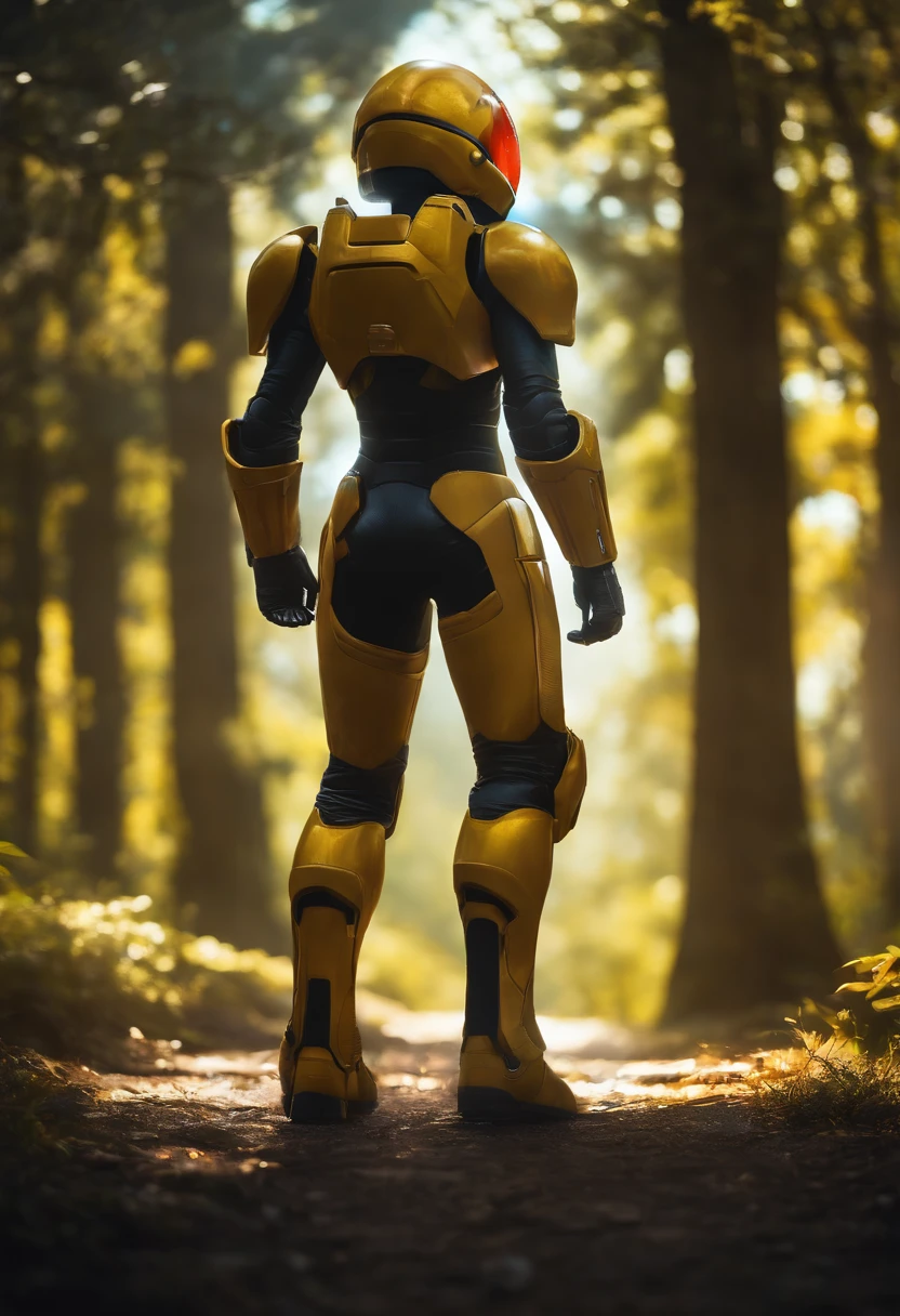 best quality,Akira Toriyama's art style,Landscape,capacete com viseira rastreadora Saiyajin,armadura de combate inspirada em Metroid usada por Bulma em preto e amarelo (luvas e botas brancas),cores vibrantes,Bokeh