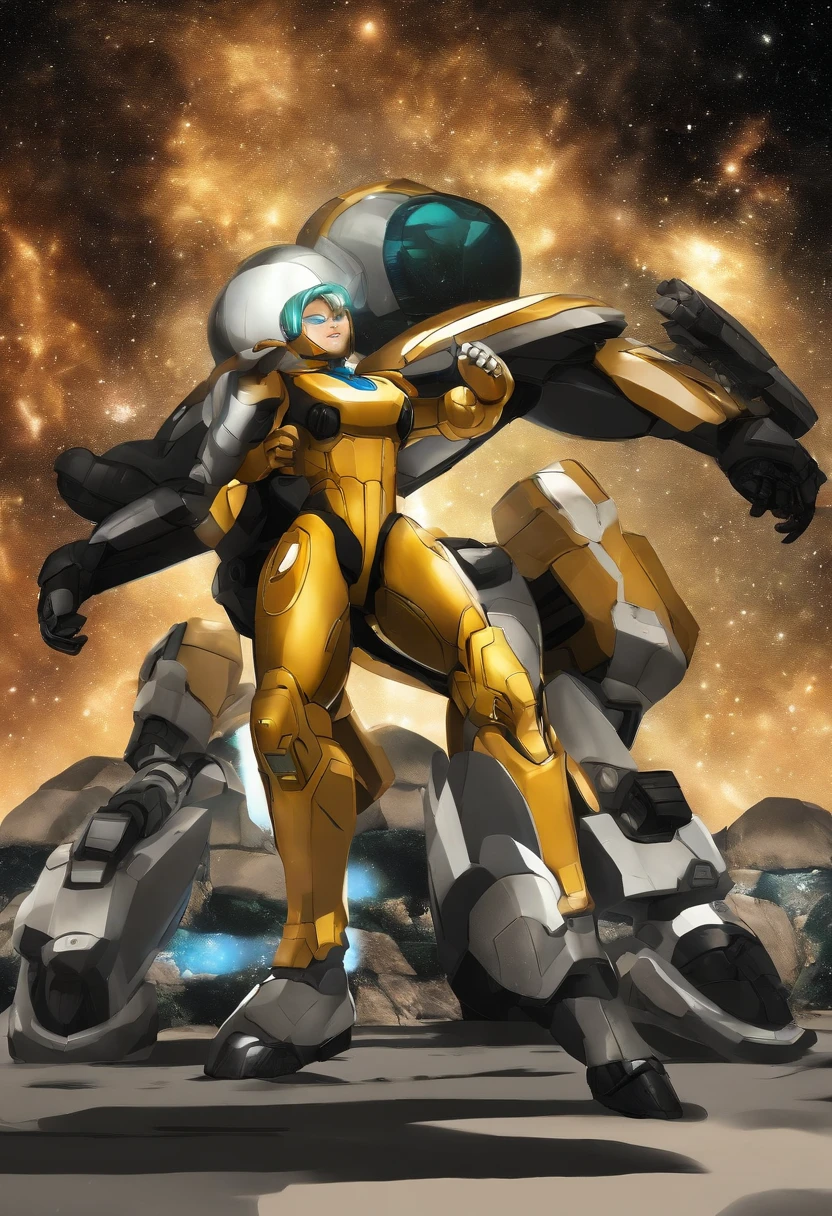 best quality,Akira Toriyama's art style,Landscape,capacete com viseira rastreadora Saiyajin,armadura de combate inspirada em Metroid usada por Bulma em preto e amarelo (luvas e botas brancas),cores vibrantes,Bokeh