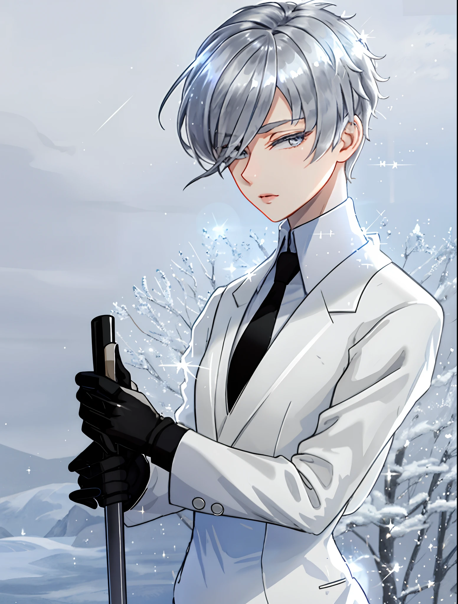 masterpiece, 8k uhd, absurdres, gorgeous girl, skinny, flat chest, very short grey hair, glare, (sparkling hair,:1.1) short black gloves, white suit, black tie, sunny day, winter, hands behind head