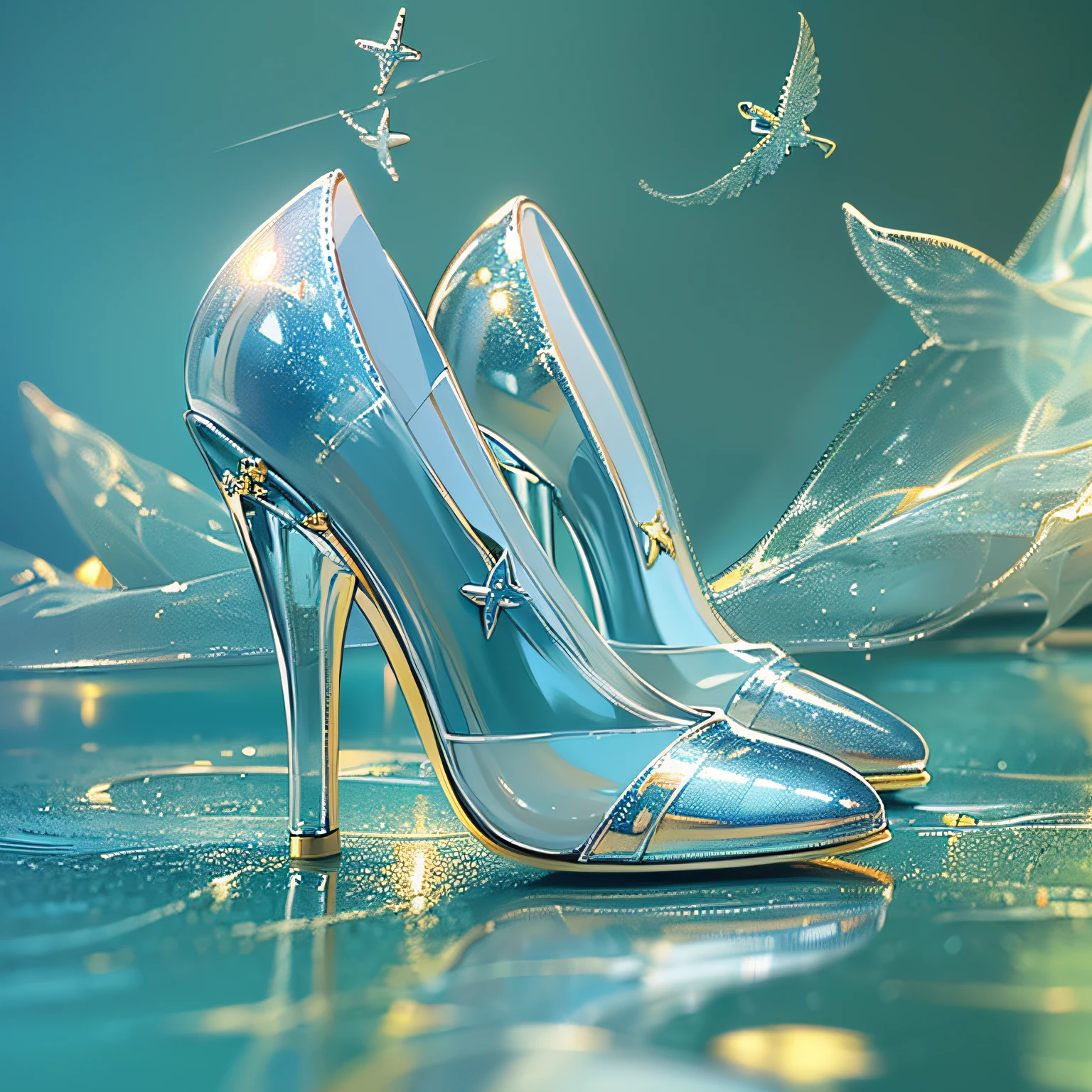 A pair of high heels,without humans,(Top resolution:1.5), (Top image quality:1.5), Close-up of a pair of shoes on a shiny surface, slightly holographic, fairy tale style background, made in adobe illustrator, Magical items, holograph, illustration!, (Blue and white high heels:1.5), (Transparent heels:1.5), (The background is the seaside:1.5),It has a small amount of gold motifs