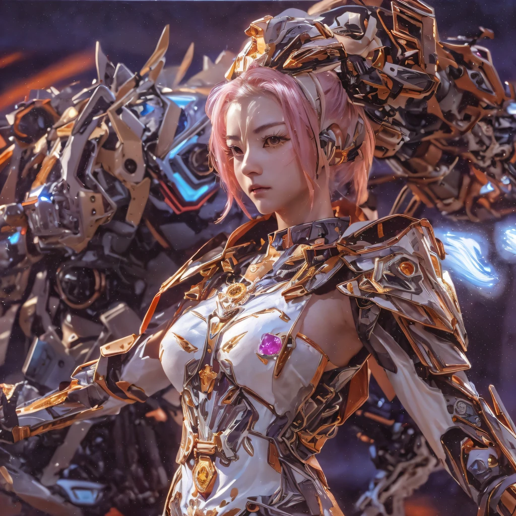 The ultimate king of the universe,Ancient divine beast armor,Ancient legends,Chinese Taoism,mysterious symbols,Ethereal lights,surrounded by cloud,Fighting posture,giant mecha,(Smooth surface),Stand on a cliff overlooking the night view,Cyberpunk-city,White is the main color,With red、Bright decorative colors such as blue and gold。There are powerful thrusters,(crystal:1.3),(((巨作))),(((Best quality))),((ultra -detailed))((Extremely detailed CG)),((16K resolution))((An extremely delicate and beautiful)),{Photorealistic},Full of detailed light blooms,A masterpiece from the Canon EOS R6 shooting,((nmasterpiece)) ,cinematiclight,独奏,Unreal Engine 5,(holding long sword:1.4),Chinese Longquan sword,Superb craftsmanship、An elegant and powerful sword。The blade is slender and graceful,Forged using traditional techniques。The body of the knife is carved with fine ornaments,Showcasing mythical creatures and symbols of power。The handle is made of precious ivory material)
