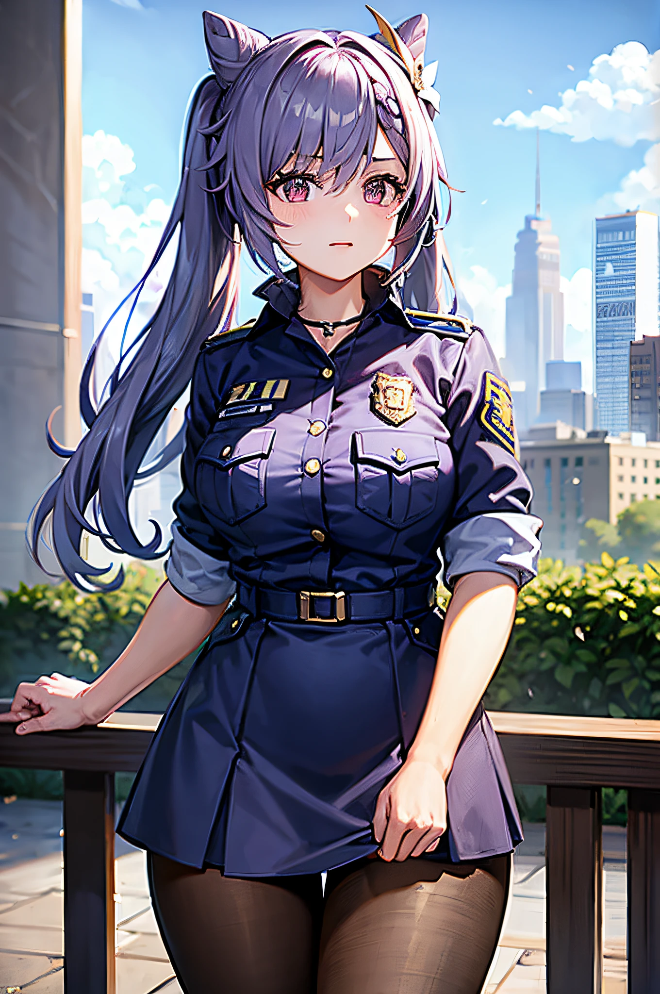 One female、Silver Hair Medium Hair、Fearless smile、Huge 、Beautiful feet、enamel purple Tight Skirt、policewoman Pale blue blouse Navy blue tie、policewoman hat、ring earrings、fishnet tights、Red High Heels、Point here、Standing with your legs apart、Back Alley dim night