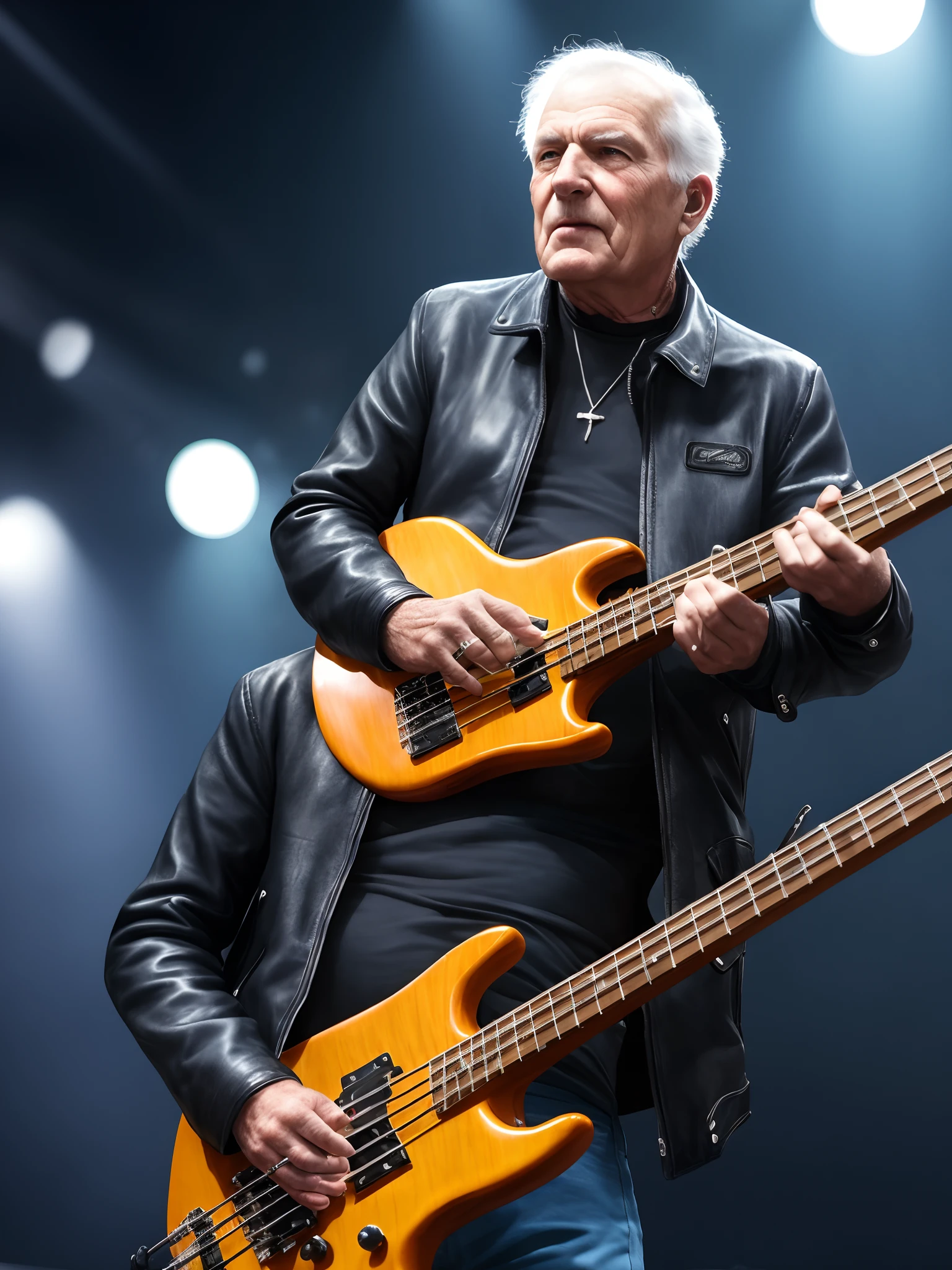 An old man wearing leather jacket and blue jeans in a heavy metal concert playing a rickenbaker bass