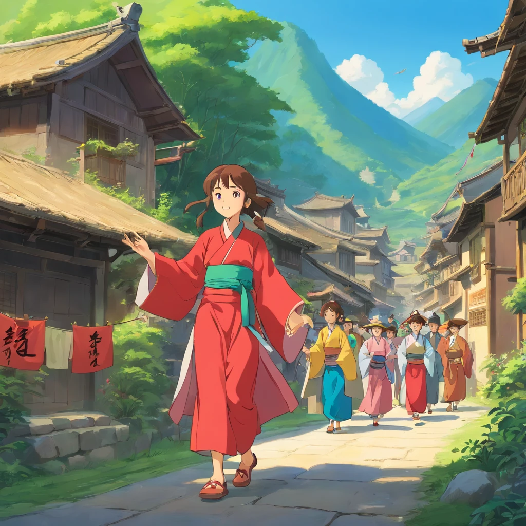 rural village background,The Zhuang people sing mountain songs,Guangxi Mountain,a color,group of people,girl,Zhuang costumes, Dance,Bamboo pole dance,Bamboo handicrafts,Bamboo pole dance,Guangxi Zhuang characteristics