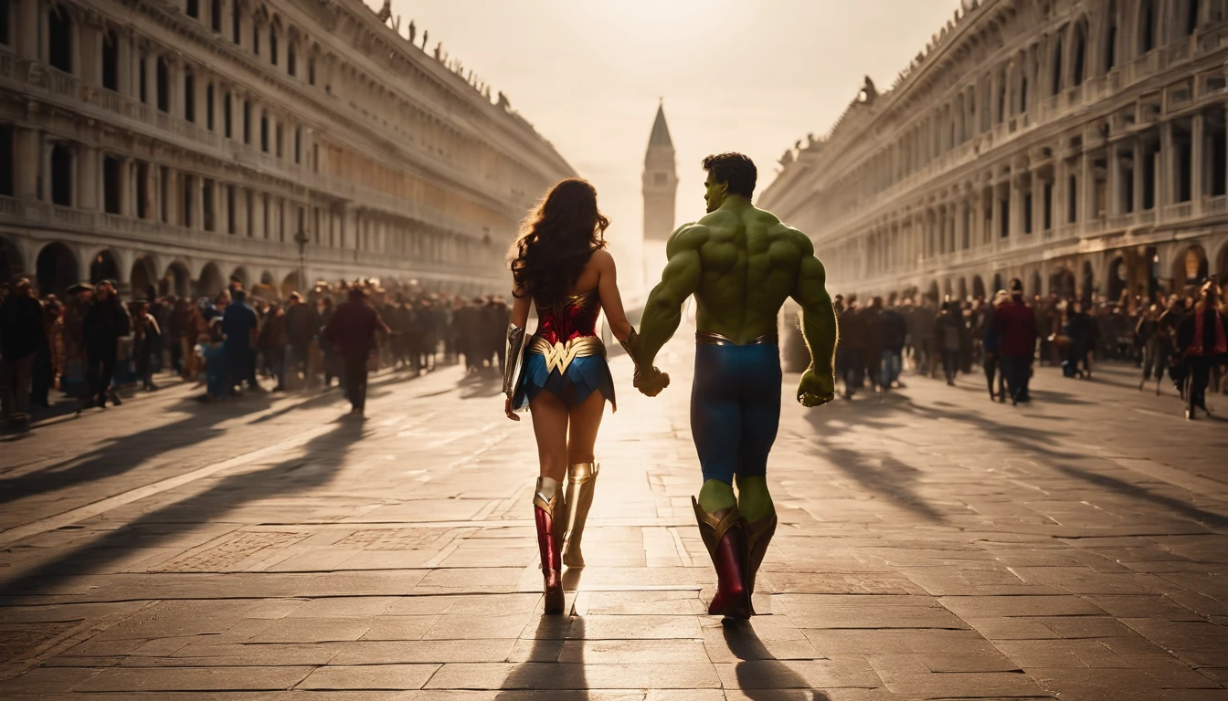 [Hulk and Wonder Woman are seen strolling hand in hand through Piazza San Marco, enjoying the lively atmosphere]