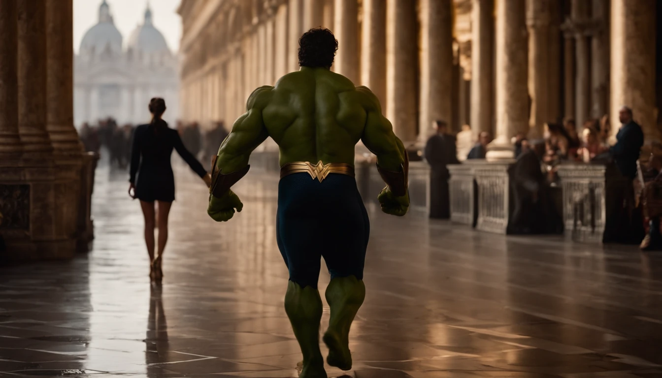 [Hulk and Wonder Woman are seen strolling hand in hand through Piazza San Marco, enjoying the lively atmosphere]