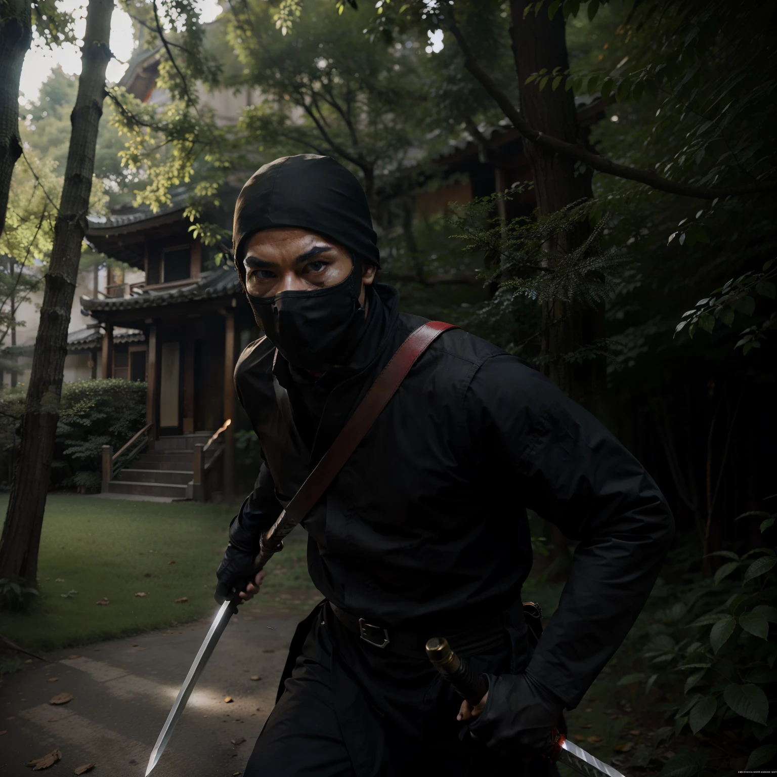 Cinematic photo, A ninja with a sword sneaks through the trees in the zhlungs, 电影灯光, cinematic quality, Realistic, Maximum realism, hight resolution, higly detailed