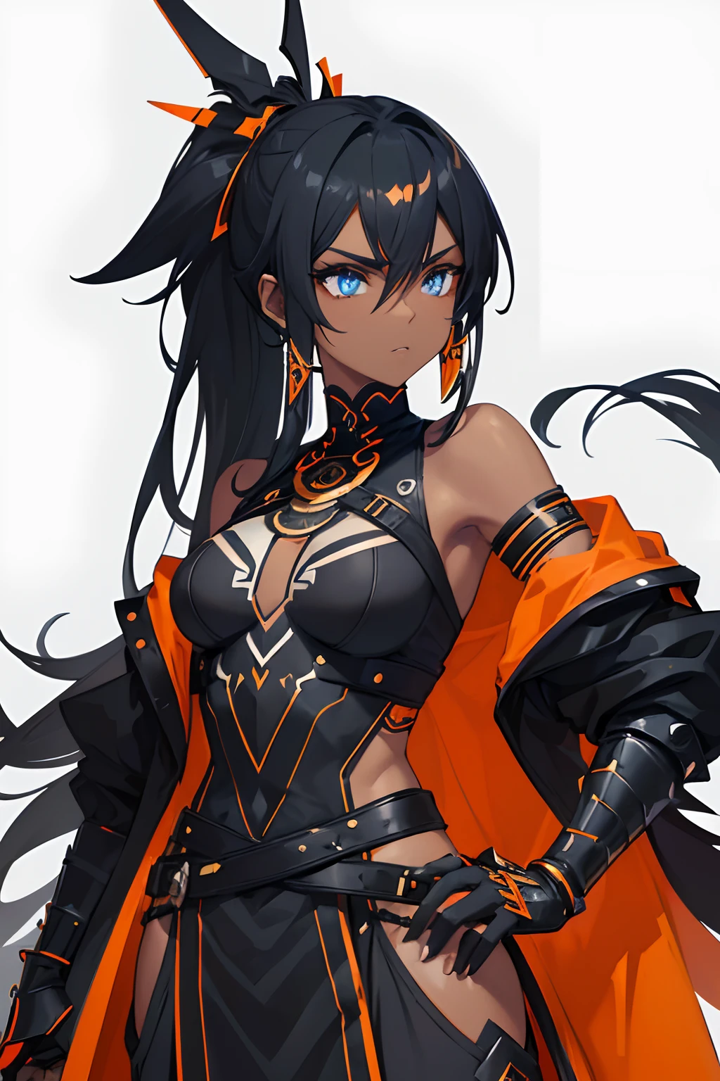 1girl , (((Dark Skin)))), Black Hair with Ponytail, (((Blue Eyes))), ((Black Metallic Gauntlets and Greaves with Orange and Silver Highlights)), (((The Clothes Have a Mix of Modern and Tribal))), (((The Clothes Have a Mix of Modern and Tribal))),  having mostly the color black, but having parts in orange, shoulders exposed, at the hip a shorts that extend to half of the thigh of black color. ((Black Overcoat with a orange inner part)) absurd res, best res, high res, best face, best eyes