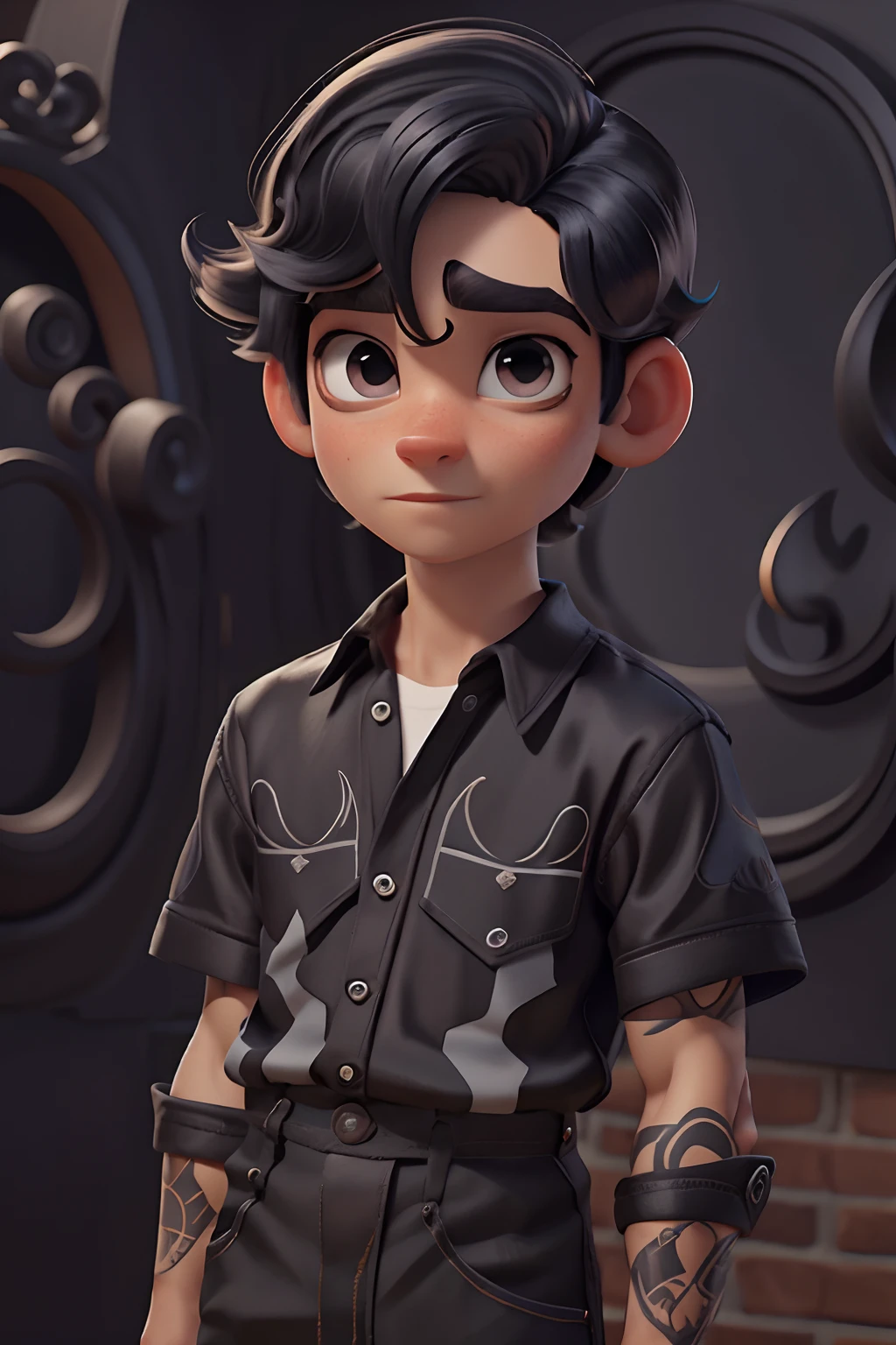 "Crie um garoto de 20 poucos anos, no estilo Disney Pixar"Desenhista,cabelo liso,cabelo preto,camisa preta,olhos castanhos