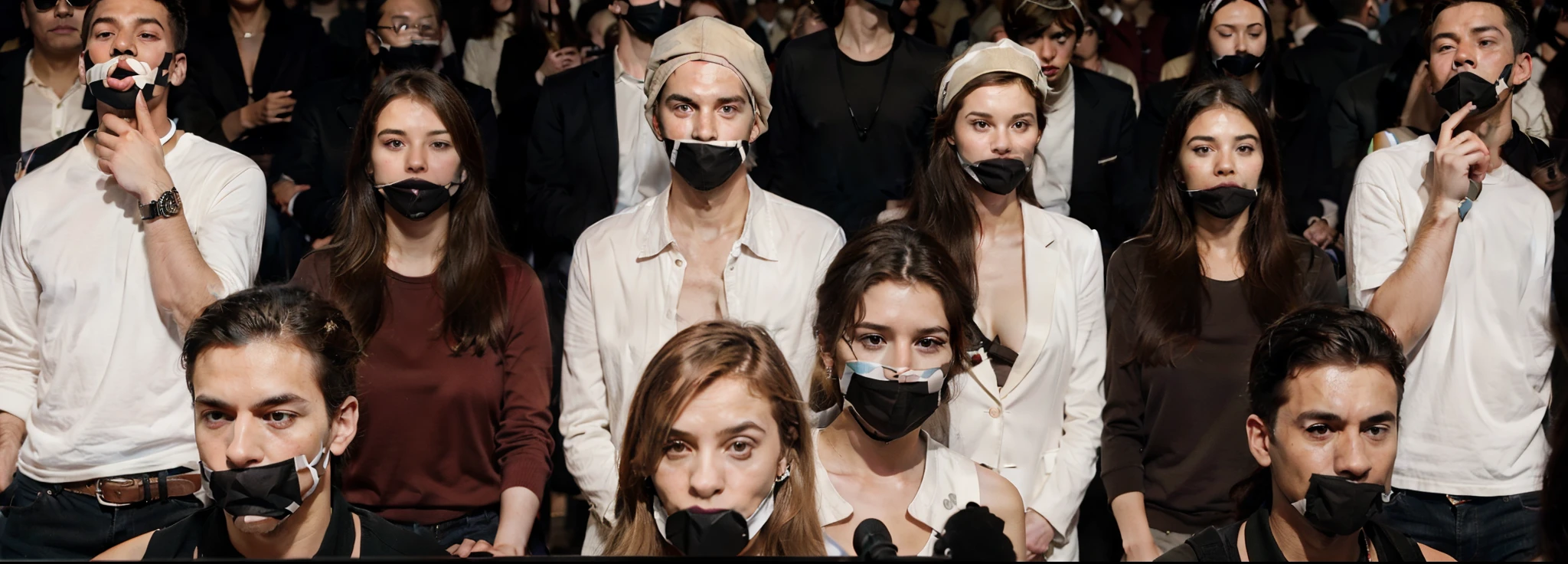 a crowd of censored people in a large room, they have tape on mouth