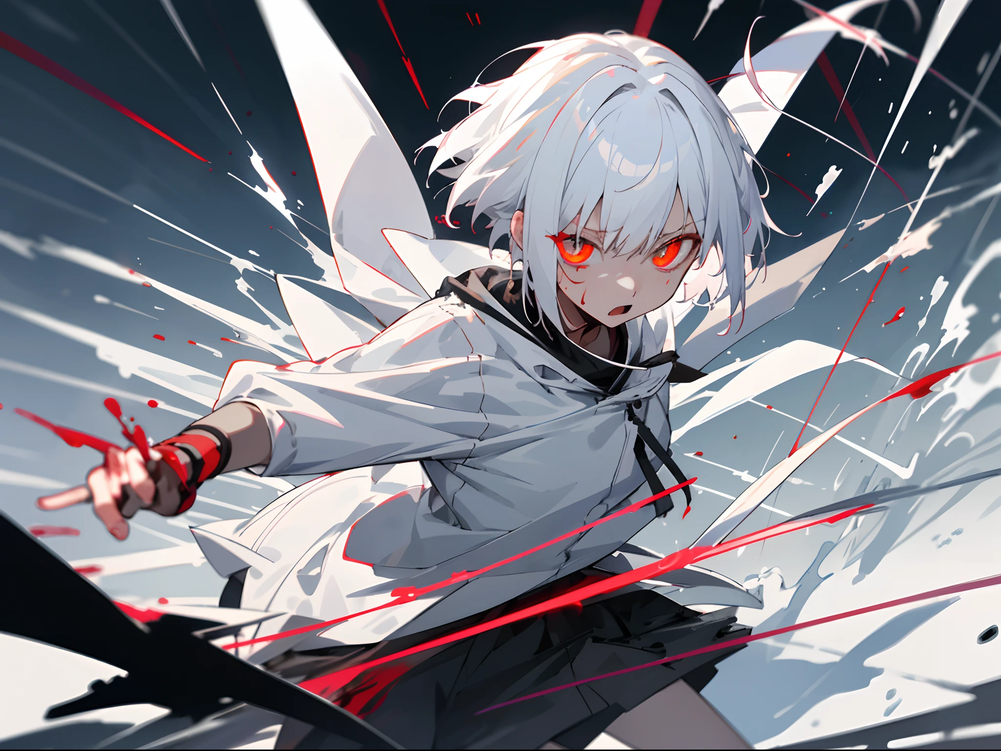 yung Elf, light grey skin, White short hair, red eyes, dark clothes, black face patterns