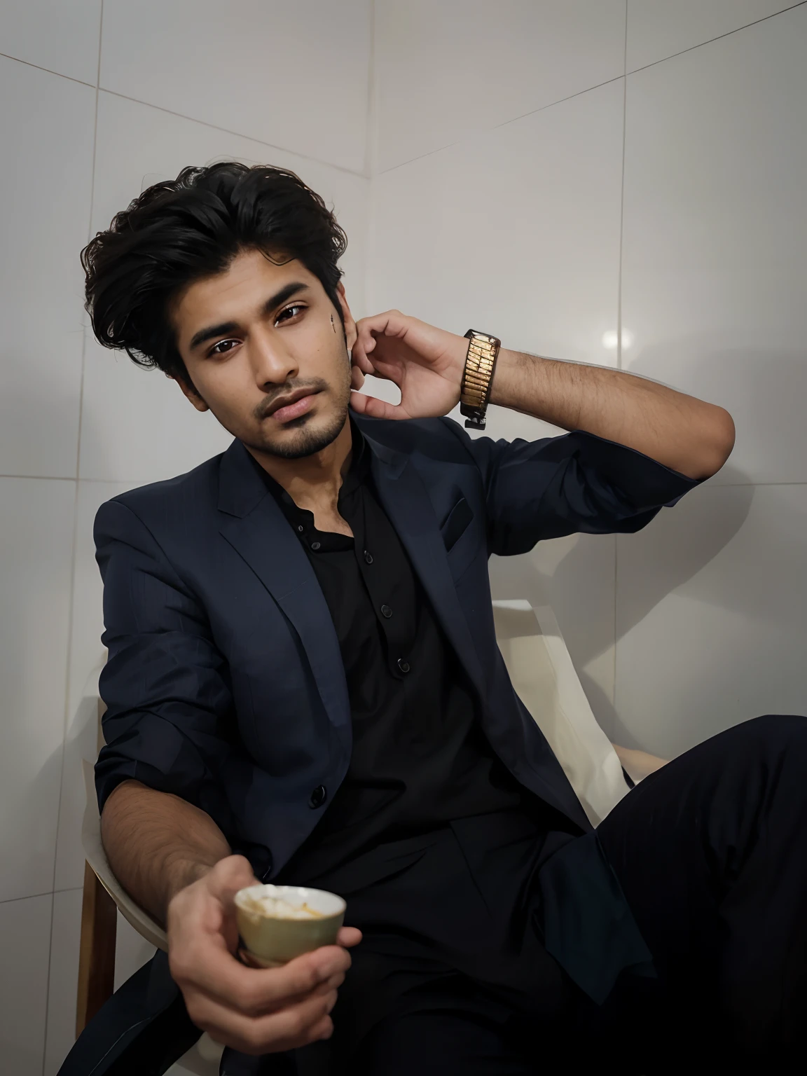 there is a man sitting in a chair in a room, khyzyl saleem, handsome man, an afghan male type, wearing white suit, mid shot portrait, by Riza Abbasi, kyza saleem, taken with sony alpha 9, dressed in a jodhpuri suit, shot on nikon z9, in white clothes, doing an elegant pose