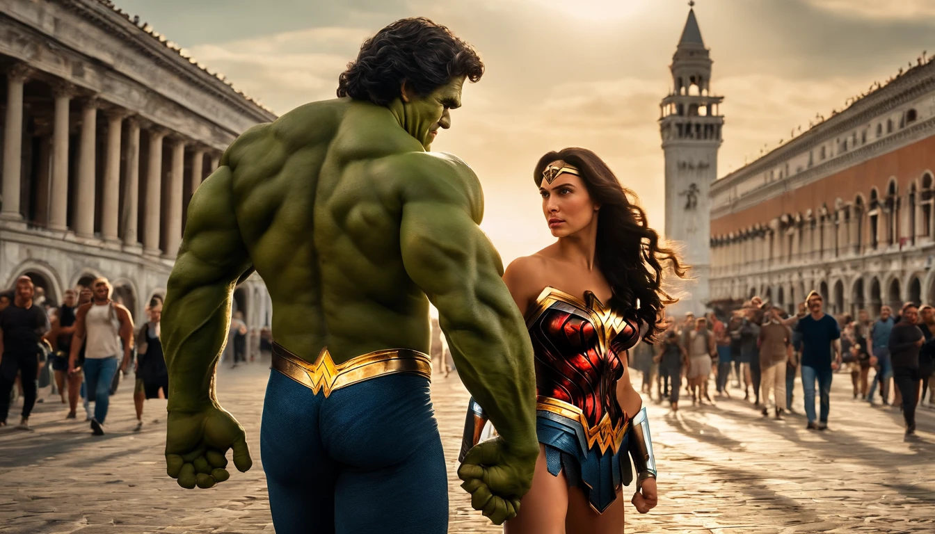 Hulk, Wonder Woman, Piazza San Marco, holding hands, vibrant atmosphere, walking, enjoying, Illustration, ultra-detailed, HDR, vivid colors, portraits, photorealistic, Renaissance background, sunny day, joyful expressions, strong muscles, powerful stance