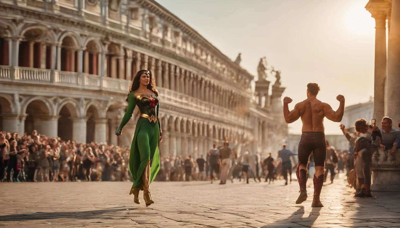 Hulk, Wonder Woman, Piazza San Marco, holding hands, vibrant atmosphere, walking, enjoying, Illustration, ultra-detailed, HDR, vivid colors, portraits, photorealistic, Renaissance background, sunny day, joyful expressions, strong muscles, powerful stance