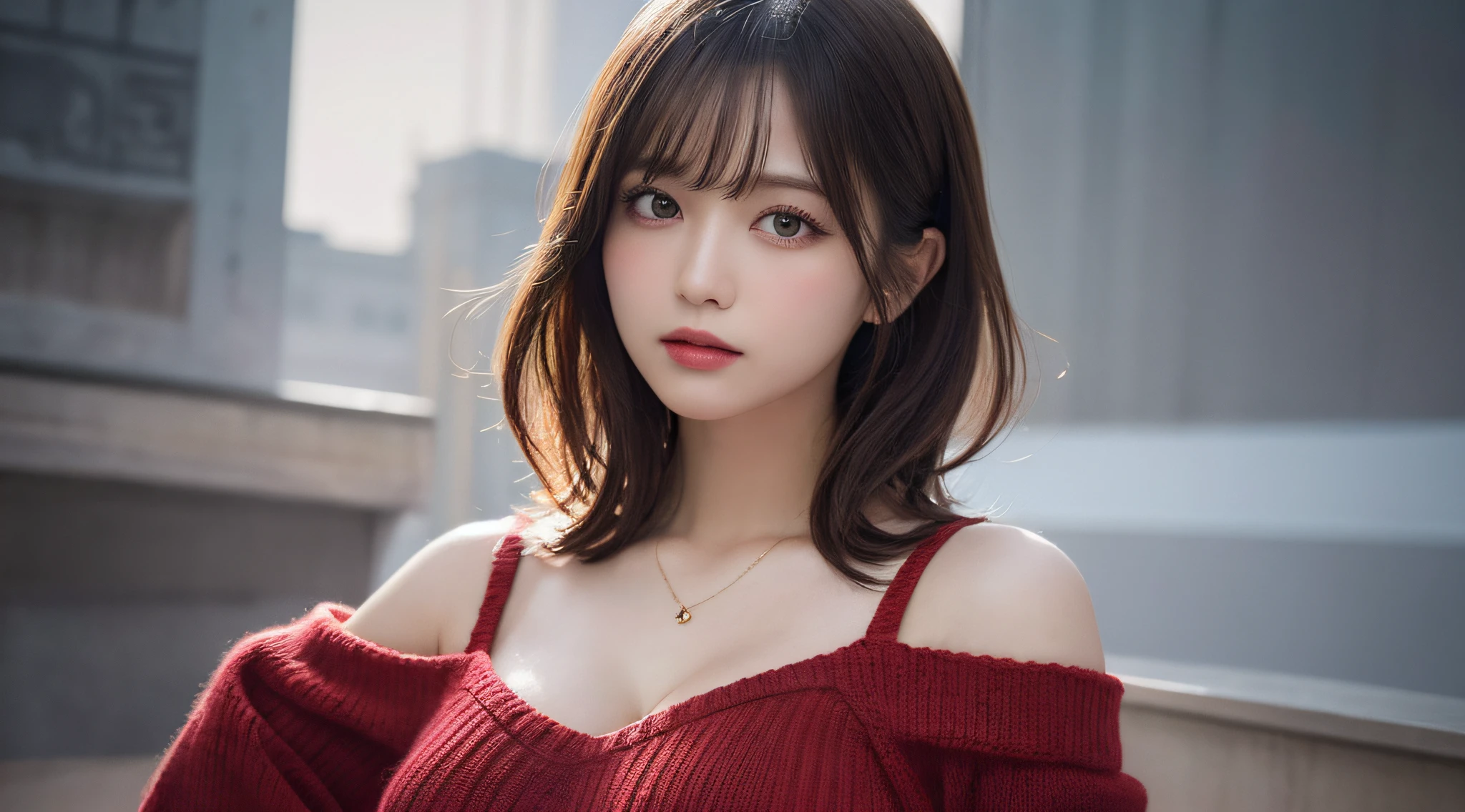 masutepiece, Best quality, illustration, Ultra-detailed, finedetail, A high resolution, 8K wallpaper, Perfect dynamic composition, Beautiful detailed eyes, Natural lips, Red knitted dress , Big breasts, cleavage, Cross legs