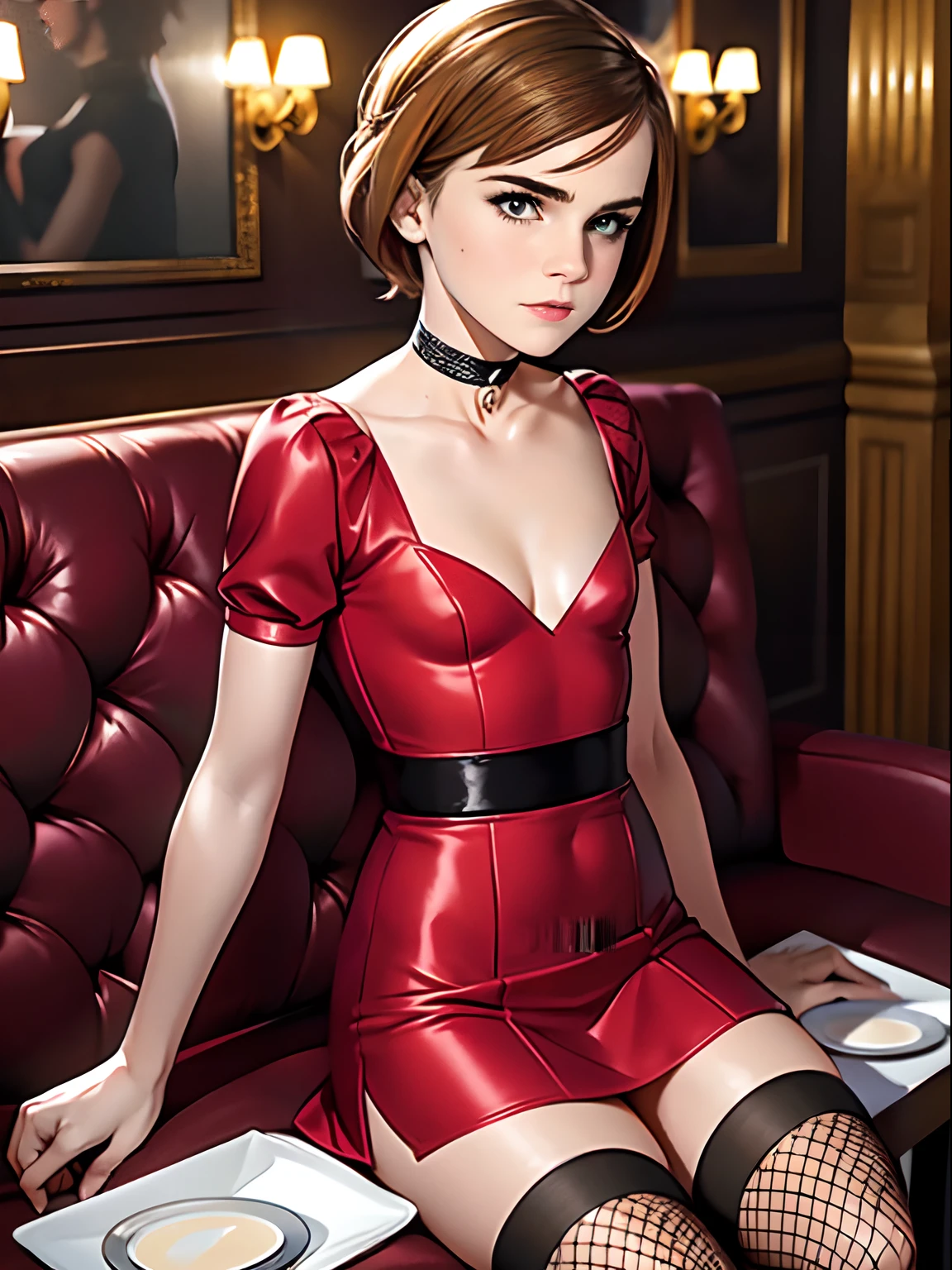 Emma Watson, at a fancy restaurant, wearing a miniskirt, wearing a tight red dress, wearing a choker necklace, wearing fishnet stockings, small breasts, (small breasts:1.5), cleavage,