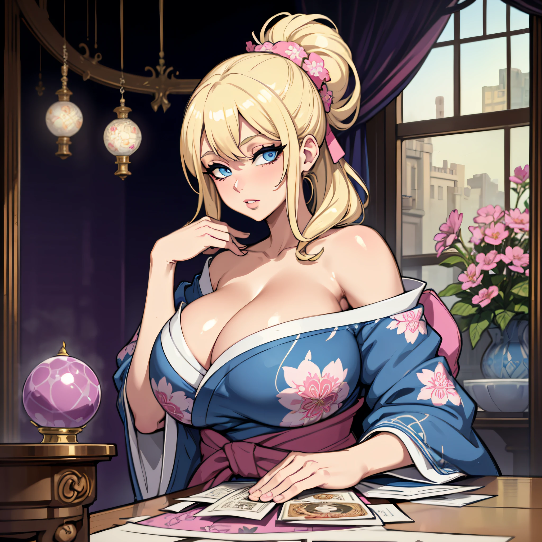 1 female with blonde ponytail, beautiful detailed eyes, blue eyes, wearing white and pink floral patterned kimono. Sitting at a table with Tarot cards and crystal ball, enormous boobs, large breasts, (CLEAVAGE), open kimono, bare shoulders, (((sagging breasts)))