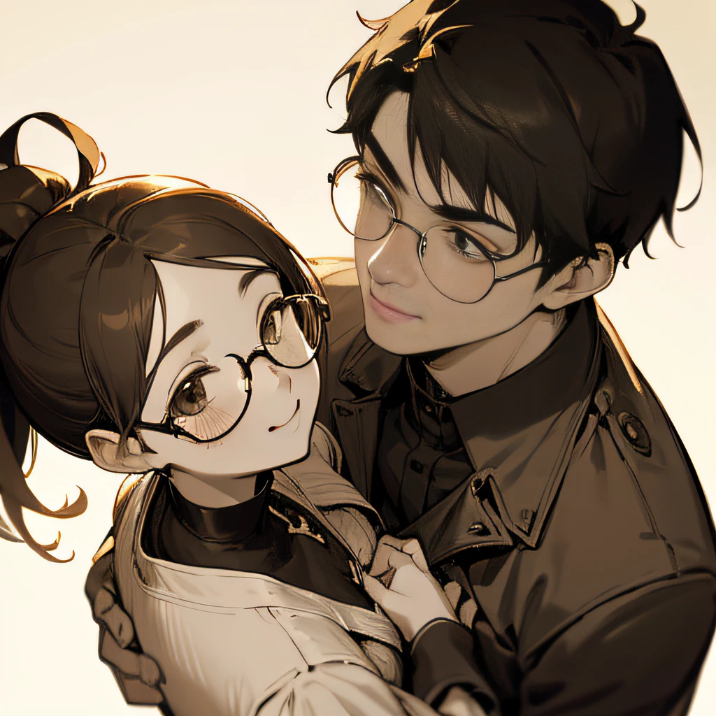 (realistic,high resolution),lovely couple portrait,boy with rectangular glasses,round face,short hair,girl with round glasses,high ponytail,affection,smiling faces,stunning composition,vibrant colors,soft lighting,romantic atmosphere,subtle affection,simple background,warm and cozy setting,joyful expressions,cute and charming,adorable poses,clear and sharp focus,warm and bright color palette,genuine and intimate moments