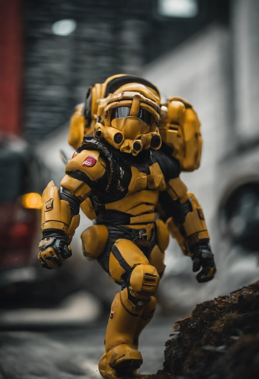 best quality,Estilo de arte de Akira Toriyama,Landscape,capacete com viseira rastreadora Saiyajin,armadura de combate inspirada em Metroid usada por Bulma em preto e amarelo (Luvas e Botas Brancas),cores vibrantes,Bokeh