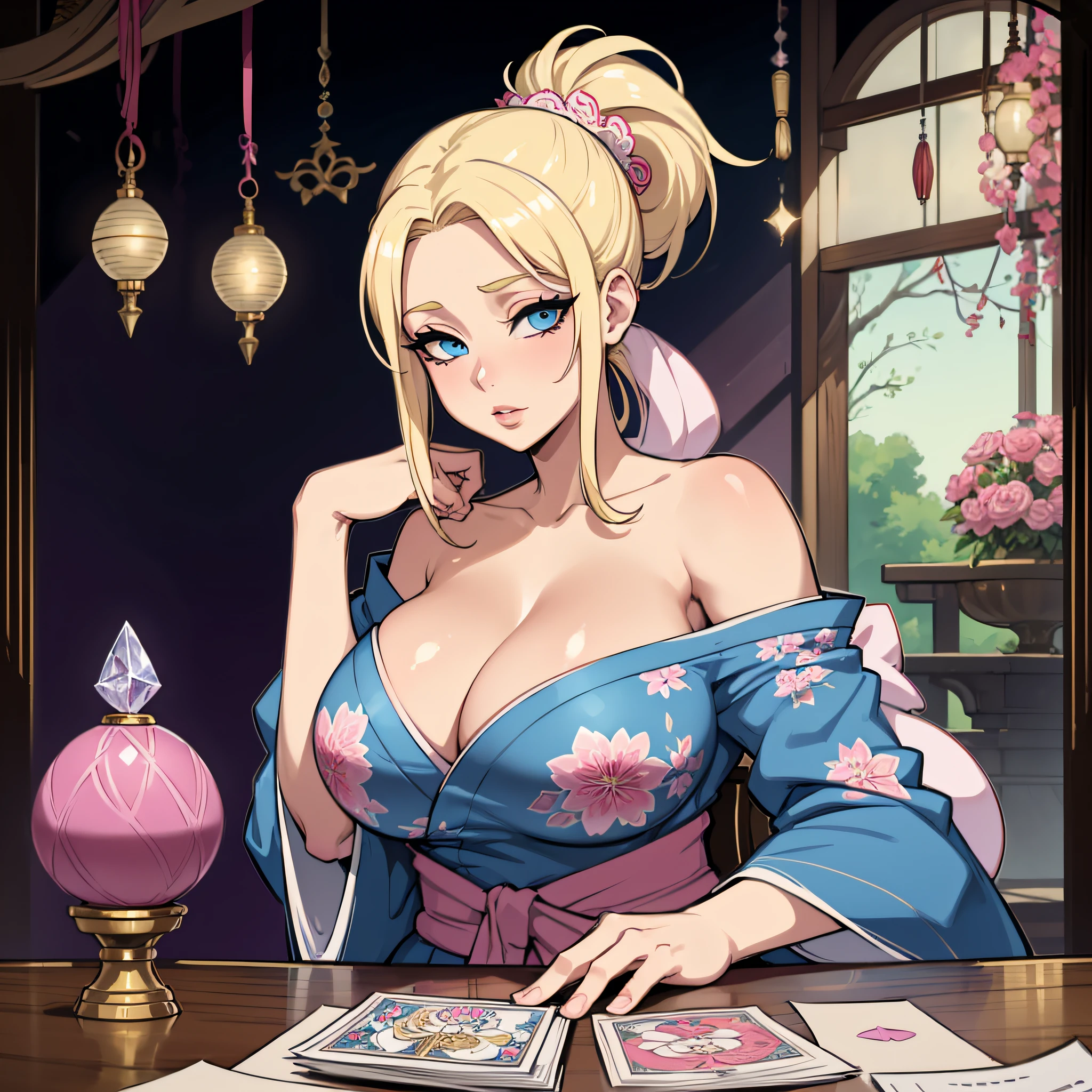 1 female with blonde ponytail, beautiful detailed eyes, blue eyes, wearing white and pink floral patterned kimono. Sitting at a table with Tarot cards and crystal ball, enormous boobs, large breasts, (CLEAVAGE), open kimono, bare shoulders, (((sagging breasts)))