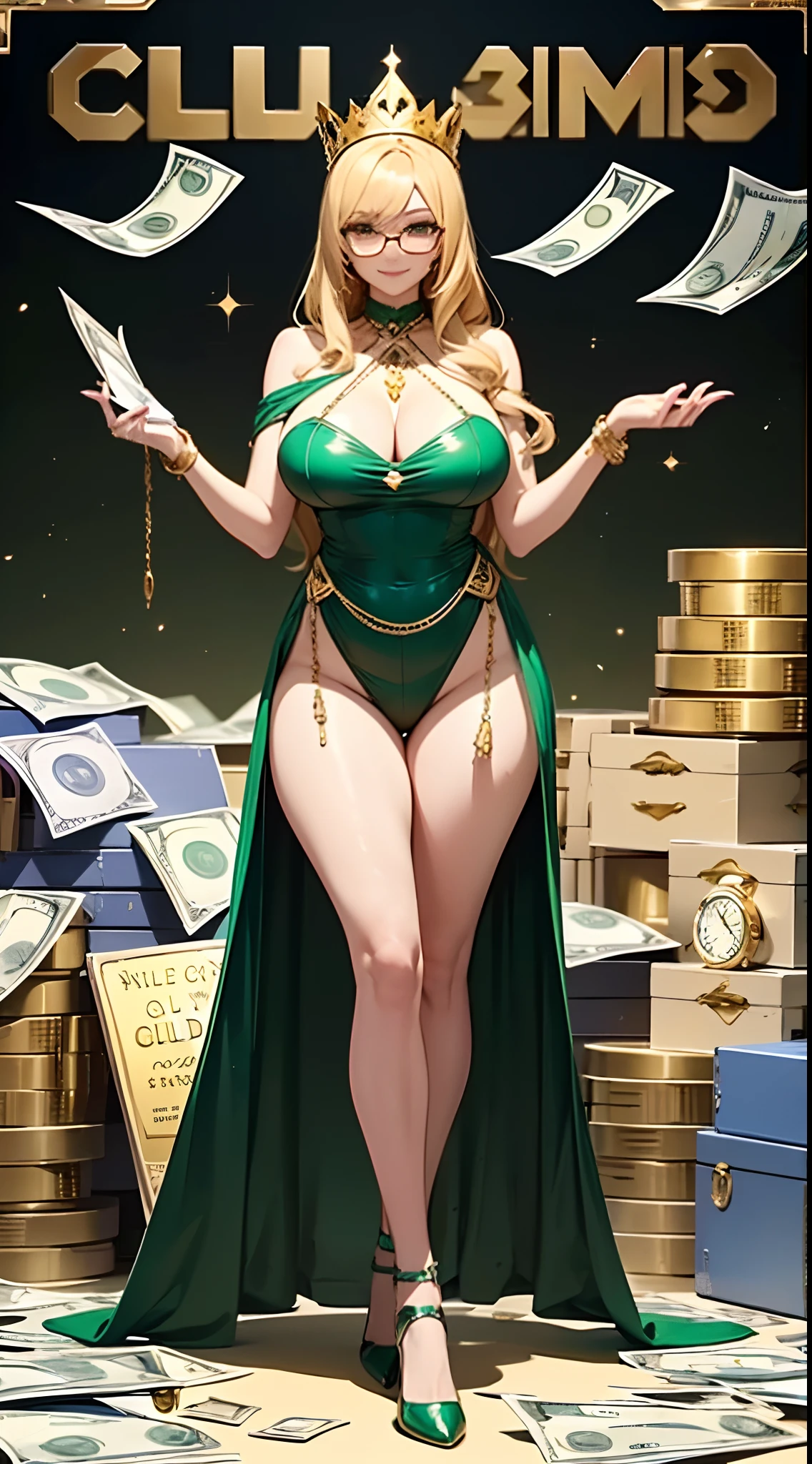 Masterpiece, cool luxury girl, thief lady, (a giant pile of money:1.5), (hold sci-fi device in hand:1.25), book cover, Magazine Cover, packs of money, (crowd of fans, cult:1.1), (cultists:1.1), (worship:1.1), (goddess:1.1), green skinny dress, diamond crowns, golden watch, thick golden chains, golden glasses, smile, gold, wide shot, detailed hands, correct hands, detailed body, detailed eyes, proportional body, Cheat codes, cheats, program, cheat program, money, gold, treasure, health, armor, attributes, green dress, green colored outfit suit, skinny dress, diadema, golden watch, thick golden chains, golden glasses, packs of dollars in hands, smile, luxury sparks