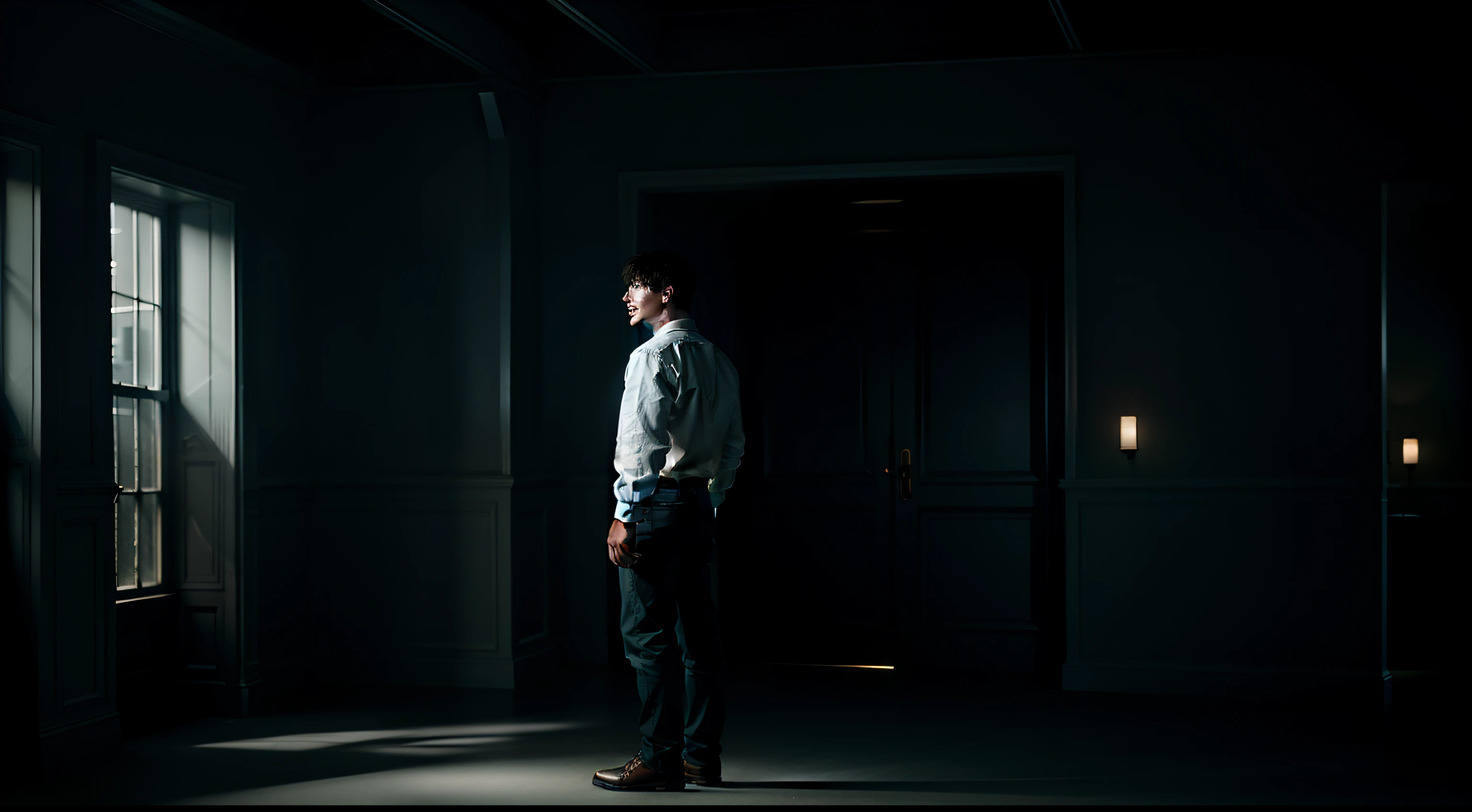 Btflindngds, In dark room, Man standing, dim lighting, photograph by artgerm and (greg rutkowski:0.3), (cinematic:0.4) lighting,