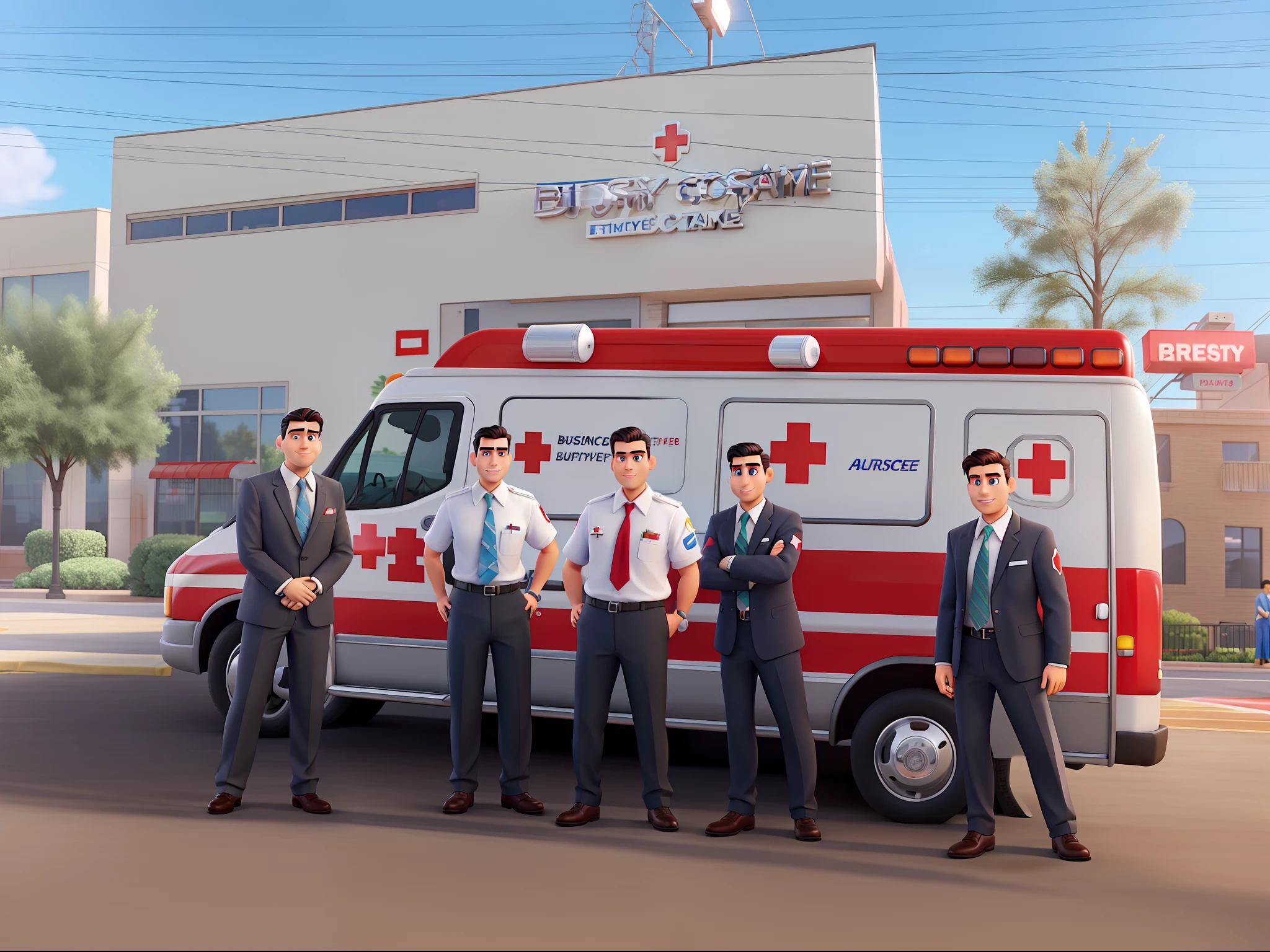Businessmen in front of ambulance at Red Cross High Quality Disney Pixar Style.