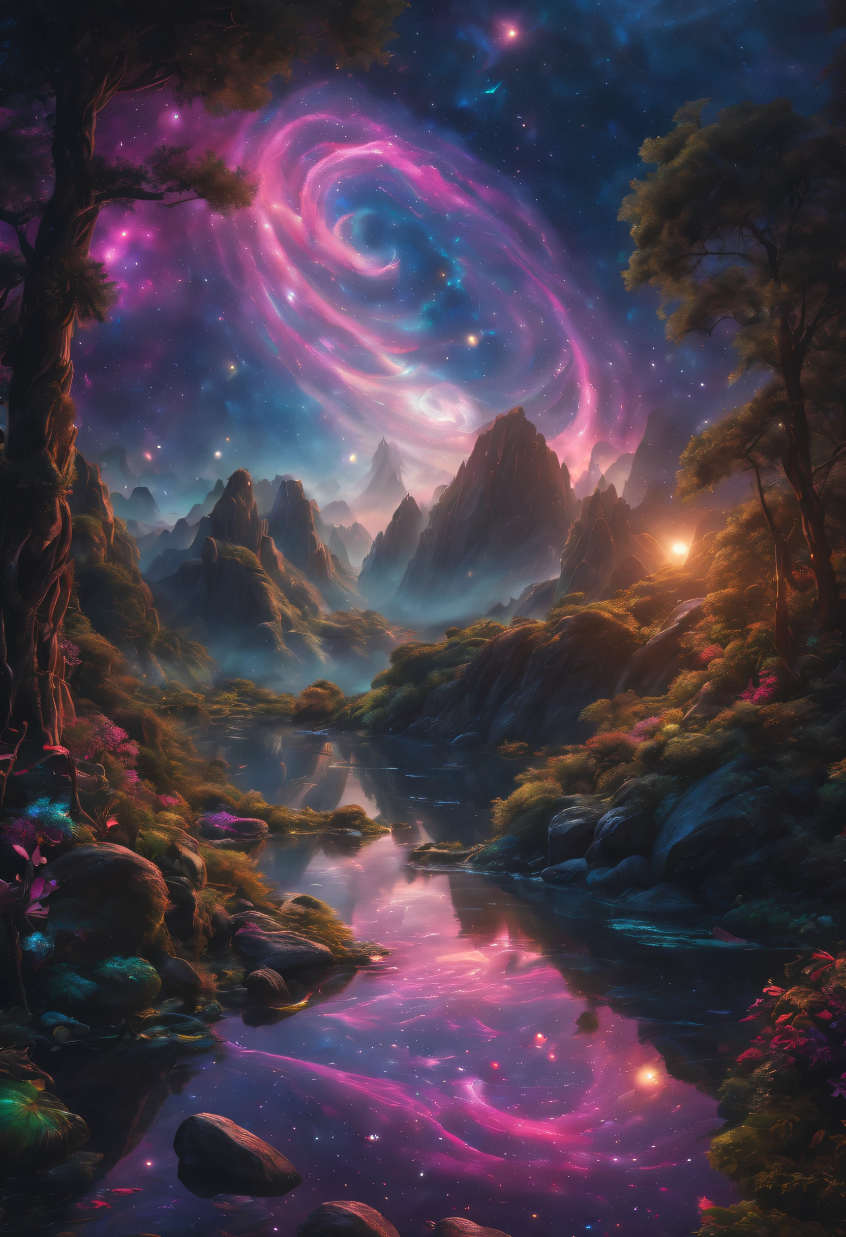 (Best quality,4K,8K,A high resolution,Masterpiece:1.2),Ultra-detailed,(Realistic,Photorealistic,photo-realistic:1.37), trippy art, Vibrant colors, hyperrealistic atmosphere, glowing effect, Fascinating pattern, Swirling shape, Ethereal beauty, Intricate details, mystical aura, mysterious creature, charming scene of a, flashing lights, Magical brilliance, An otherworldly experience, Mysterious charm, Fantastical Atmosphere, cosmic energy, Celestial bodies exist, Immersive journeys