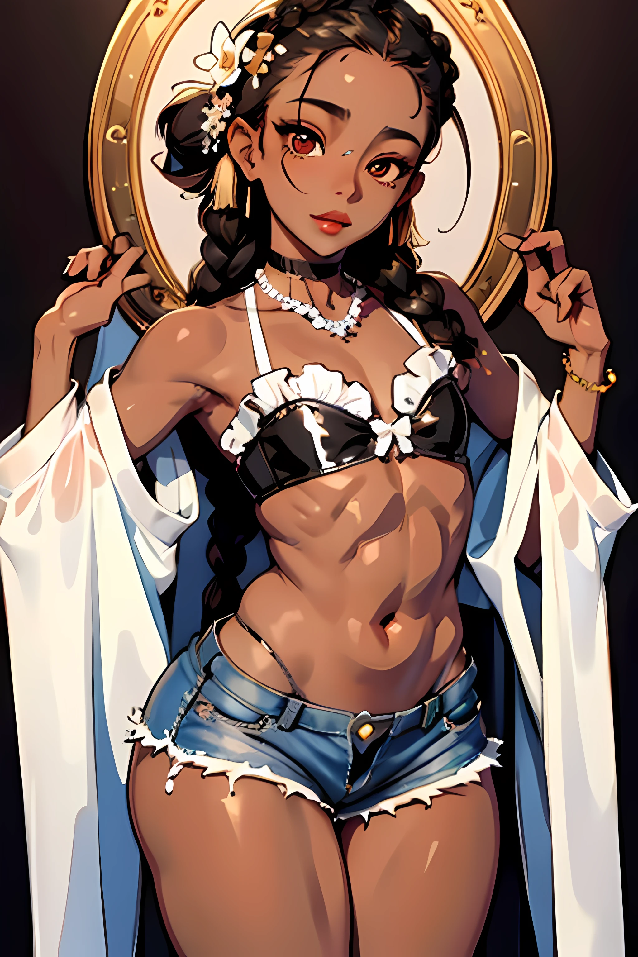 femboi， ((Masterpiece)), (1 girl), (Cute: 2.0), The face is extremely detailed, Enchanted expression, Strong gaze, Black Double French Braid, (Thin structure), Japanese girl, Slightly round face, Tanned brown face, Healthy face, Big eyes, Shorts, Thin thighs, (Small chest), confident pose, harsh, Almond-shaped eyes, rich palette,choker necklace,3D,ball bras