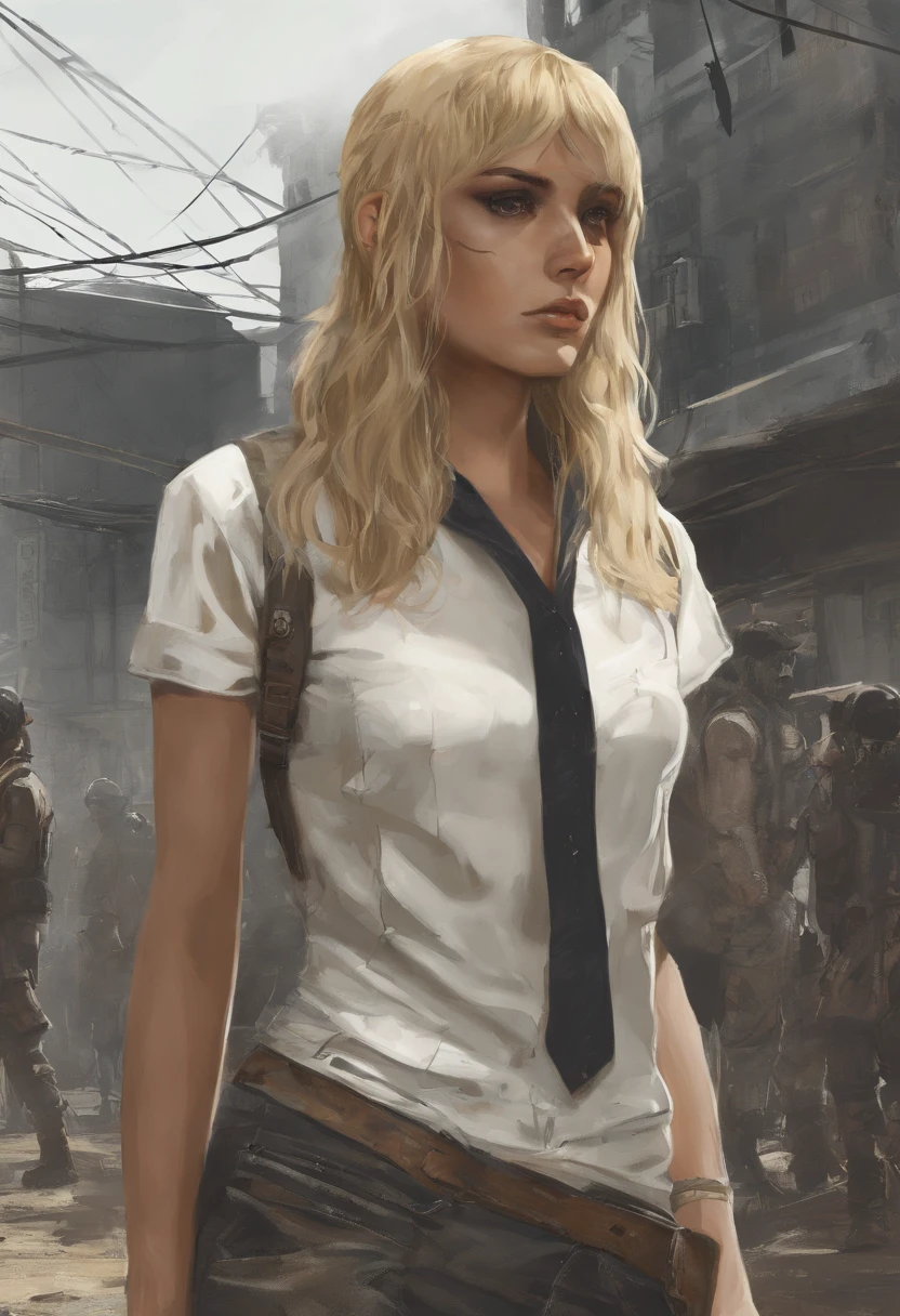 Ringo \(Desejo\), blonde hair, short hair, taxi driver hat, camisa laranja, umbigo, Orelhas de coelho, olhos vermelhos, 鎖骨, vestido babado, yellow shorts, seios grandes, Rosto detalhado, Olhos detalhados, cabelo detalhado