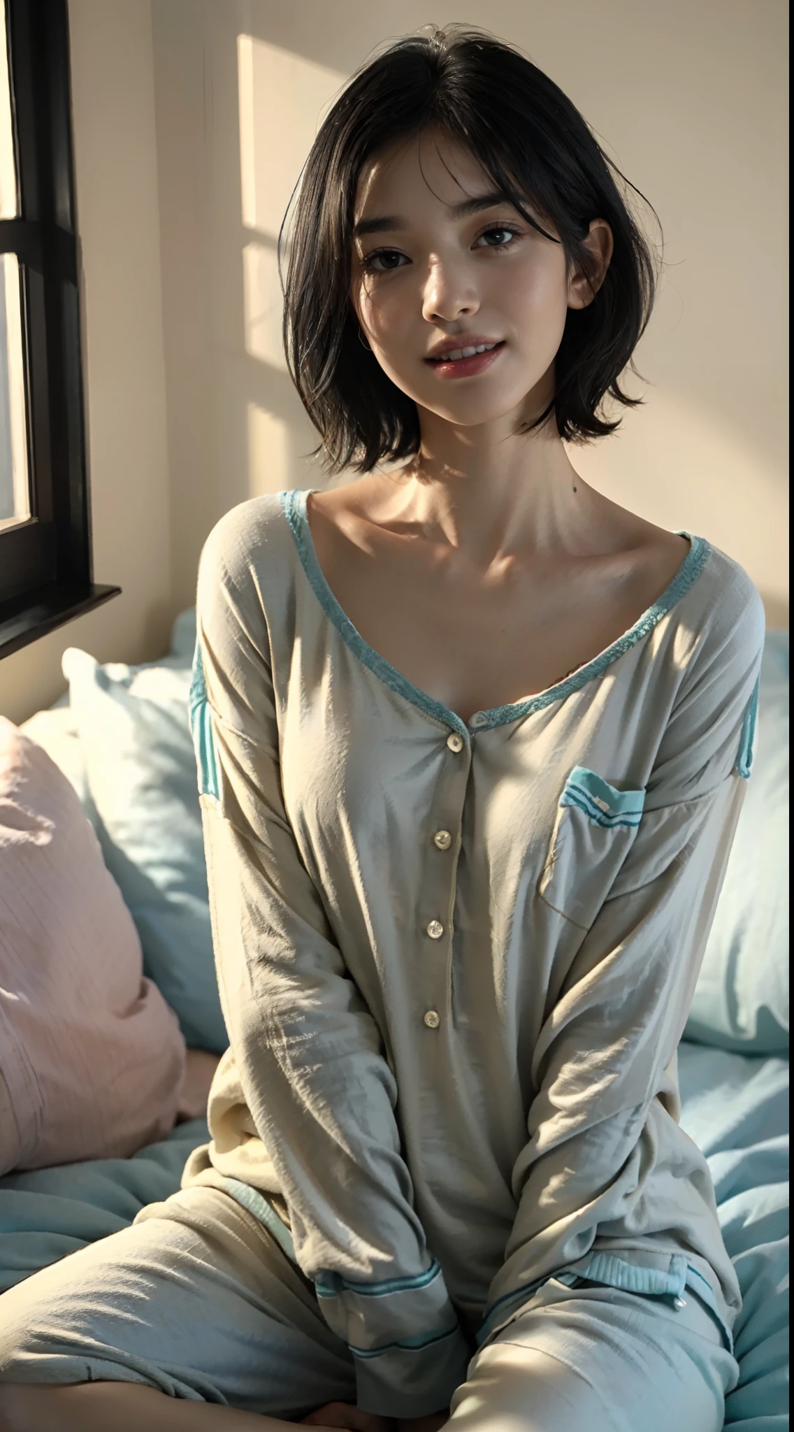 (shoulder-length straight short hair:1.2),(black hair:1.5),（Extremely meticulous CG 8k wallpaper），（Extremely refined and beautiful），（Masterpiece），（best qualtiy:1.0），（Ultra High Resolution:1.0），beautiful light up，Perfect lightning,realistic shaded，[A high resolution],(Smooth and flawless fair skin:1.5),(shiny skin:1.5),Extremely exquisite facial details，ultra - detailed，A  girl，small head,dawn,dim light,Close Shot,at home,in bedroom,(sitting on bed:1.5),blue green background,(laughing:1.2),happy,from front，small face,（perfect body:1.1),small breasts，flat chest,slim,(beige pajama shirt:1.5),(femal orgasmic:1.5),(blush:1.3),(close-up of face:1.2)