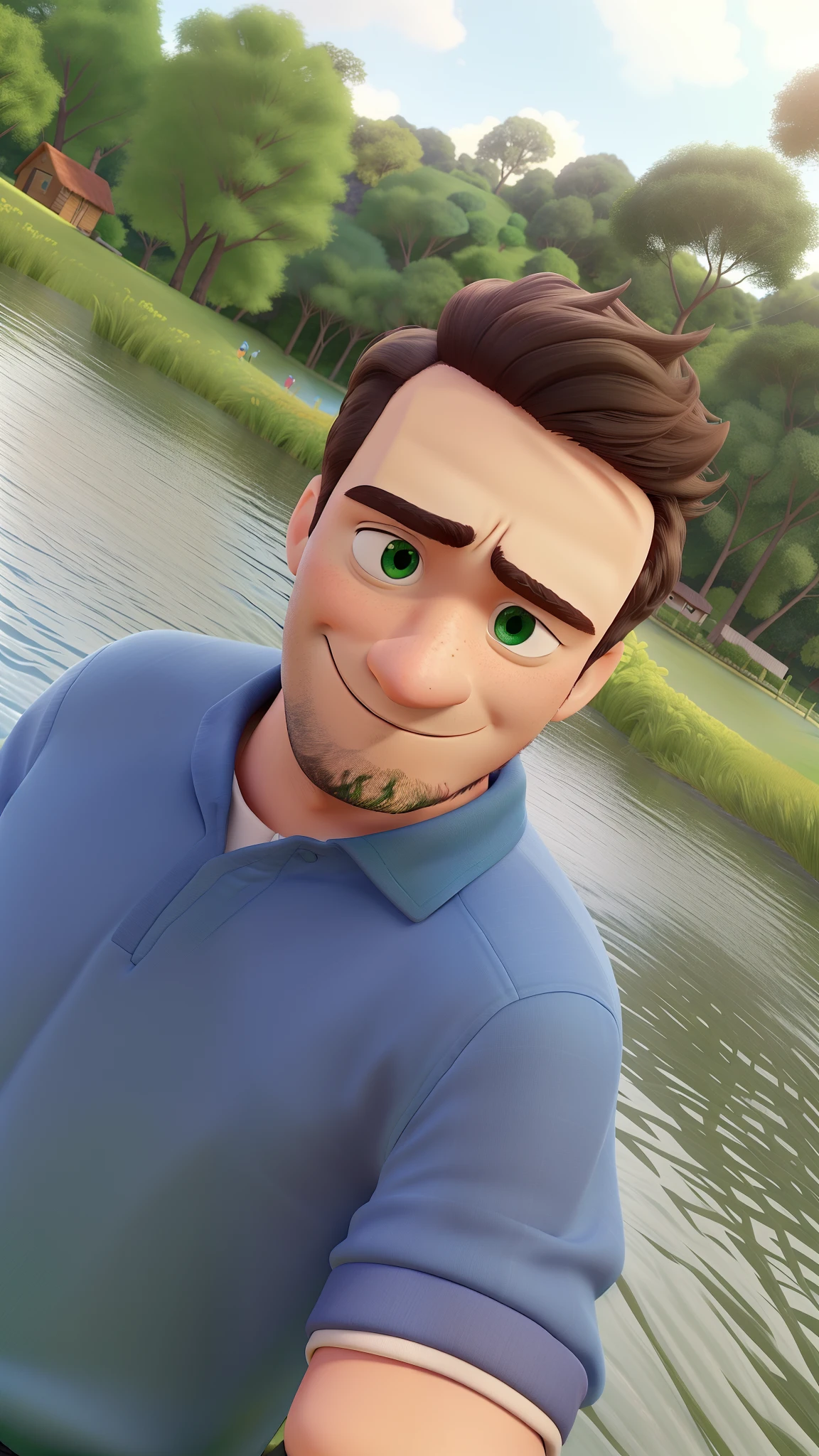 Um homem estilo Pixar, de 27 anos, olhos verdes escuros, parado na frente de um lago, com uma grama verde no fundo, em um dia lindo de sol, com alta qualidade, melhor qualidade