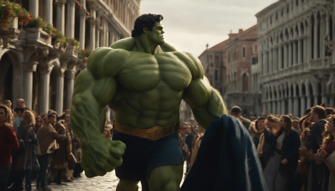 (best quality,4k,highres,masterpiece),ultra-detailed,(realistic:1.37),(Hulk,Hulk:1.1),(Wonder Woman,Wonder Woman:1.1),(Hulk:1.1),(Wonder Woman:1.1),(detailed eyes:1.1),(detailed lips:1.1),green skin,strong muscles,beautiful face,strong expression,confident stance,glowing golden Lasso of Truth,classic costumes,cobblestone streets,medieval buildings,bustling crowd,vibrant atmosphere,blue sky,Italian charm,warm sunlight,soft shadows,romantic ambiance,Venice,Italy,Piazza San Marco,admiring historic architecture,holding hands,love and harmony,memorable experience,unforgettable journey