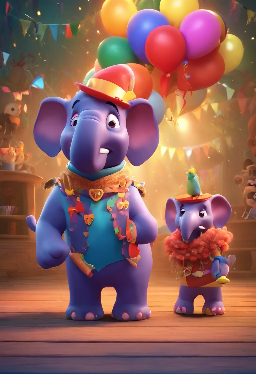 A Magic Elephant, elefante com rabo gordo tromba com uma toalha patas de urso e carpete nas costas. In the circus with clowns around and animals. plateia grande nas arquibancadas, Laughter and fun. , dramatic light, Dramatic Outcast, extremely high-resolution, 3D Animation Poster Style, Magia da Disney Pixar, Estilo Disney Pixar, Disney Animation, 3D animation style, Disney Pixar rendering