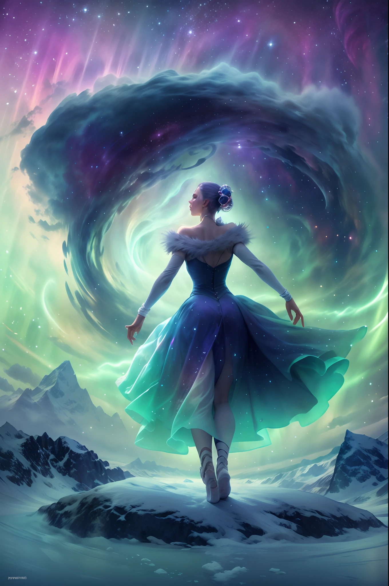 （The back of an actress dancing ballet on an iceberg floating island of the Northern Lights)，（Dancing backs：0.8），（White ballet feather top），Smoked skirts，
Green and purple Northern Lights meteor showers drill in the mountains, Towering icebergs，The earth was covered with snow，An island floating in the sea，Auroras also illuminate the ocean beneath the ice，It animates the entire ocean，Silence and mystery of the landscape:0.7, The beauty of celestial bodies:0.6, Natural phenomena:0.5, Ethereal，dramatic aurora borealis,Filled with swirls and dynamic colored smoke，Ballerina smoky swirl dress，Flowy purple smoky dresses and fast-spinning movements are a source of inspiration, Key elements::conveying a sense of mystery, smooggy，colorful atmosphere.Emphasis on dynamics，minimalistbackground, Monochrome contemplation from an upward perspective，ultraclear