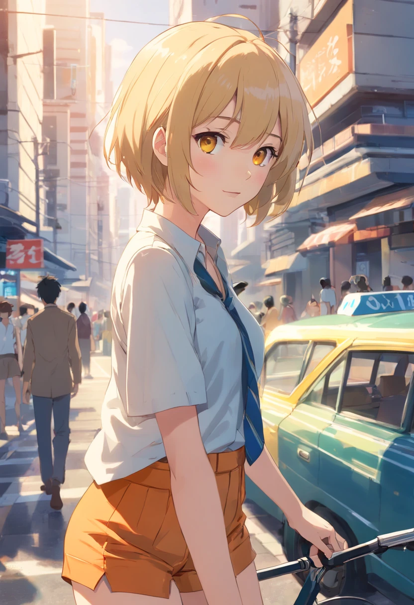 Ringo \(Desejo\), blonde hair, short hair, taxi driver hat, camisa laranja, umbigo, Orelhas de coelho, olhos vermelhos, 鎖骨, vestido babado, yellow shorts, seios grandes, Rosto detalhado, Olhos detalhados, cabelo detalhado