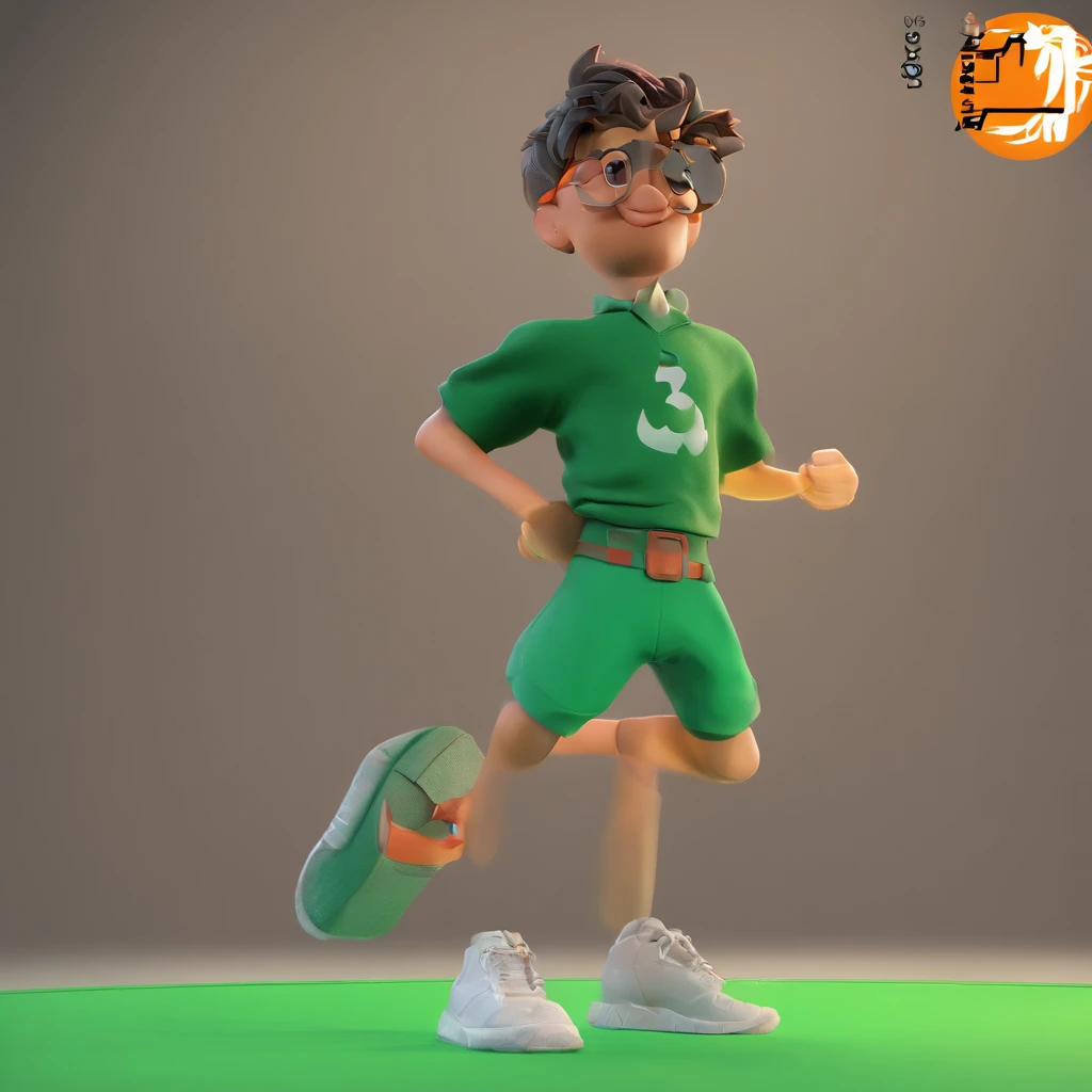 um , em estilo de desenho animado 3D, in a dynamic pose, fazendo um pequeno salto, vestindo bermuda preta e camisa verde, reminiscent of the character chives from Monica's Gang.