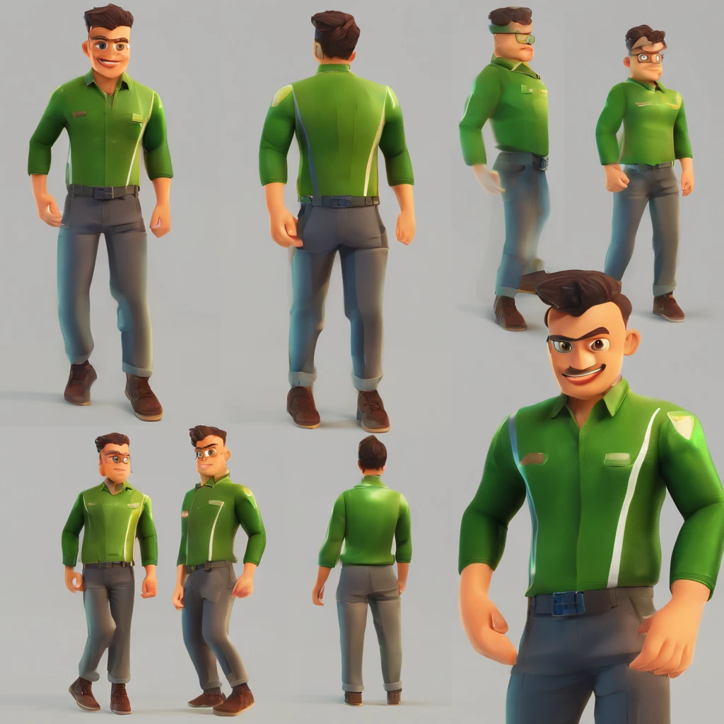 um , em estilo de desenho animado 3D, in a dynamic pose, fazendo um pequeno salto, vestindo bermuda preta e camisa verde, reminiscent of the character chives from Monica's Gang.