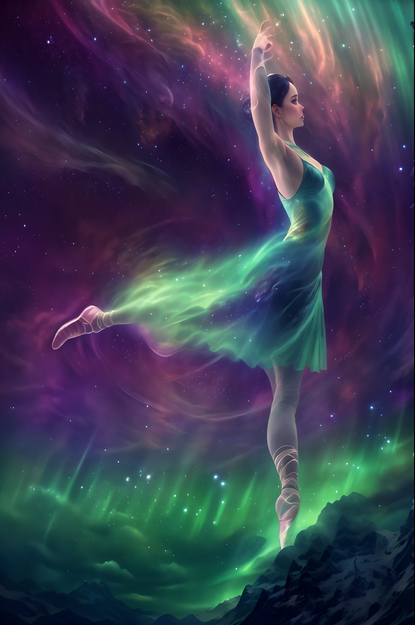 （Back of a ballerina made of smoke under the Northern Lights）, Green and purple Northern Lights meteor showers drill in the mountains, dramatic aurora borealis, northern lights background, Northern Lights on the background, aurora borealis, northern lights background, Magnificent background, with aurora borealis in the sky, The Northern Lights in space in surreal and dreamlike landscape style, Light black and emerald, 8K resolution, minimalistbackground, Monochrome contemplation with an upward perspective，Ultra-clear
Mystical ballet moves in pastel colors.  dynamic movements, Smoke effects and mystery. The background must be filled with swirls and dynamic colored smoke，Blend in with a ballerina smoky swirl dress.And the concept of a flying red smoky dress in a fast-spinning motion was the inspiration, Encourage your creativity to explore other ideas. Key elements to include::Convey a mysterious, smoky and colorful atmosphere.Emphasis on dynamics, Rotational motion in composition.Focus only on visual images; Exclude any text.Other guidelines:The artwork should evoke a sense of intrigue and wonder.Capture the essence of ballet with fast pace and fluid movement.